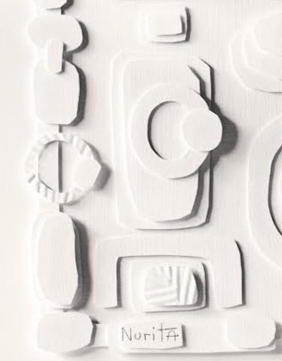 Collage de coupes de papier blanc sur blanc.
Cadre en bois blanc.
L'artiste Nurit Amdur crée des papiers découpés et des collages autour du voyage de la transition et de la transformation de quelque chose en 