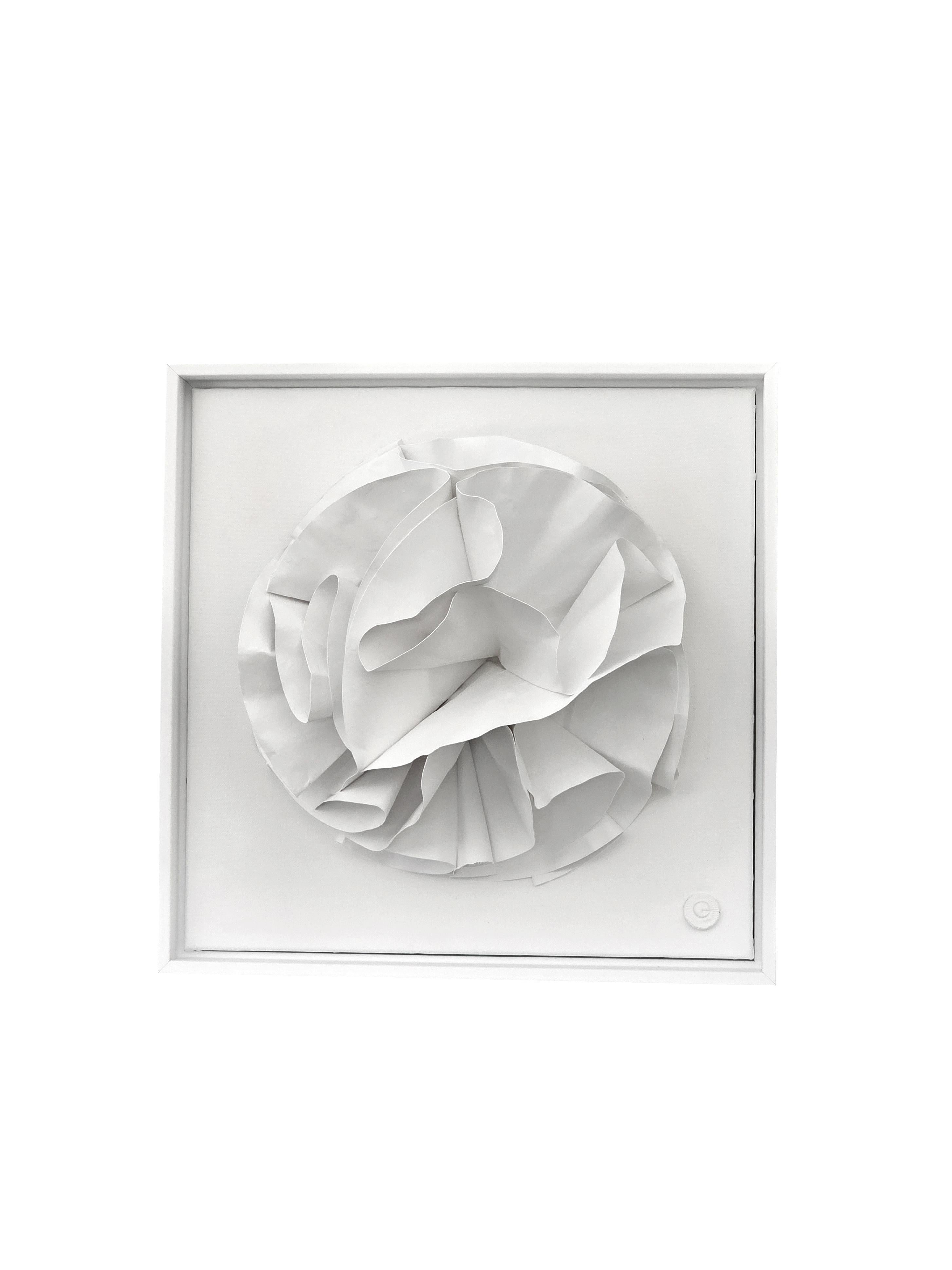 Contemporary French artist Veronique Guillou framed hand cut paper sculpture.
Paper is cut, painted and sprayed to remain in a three dimensional abstract shape.
White wood frame.
