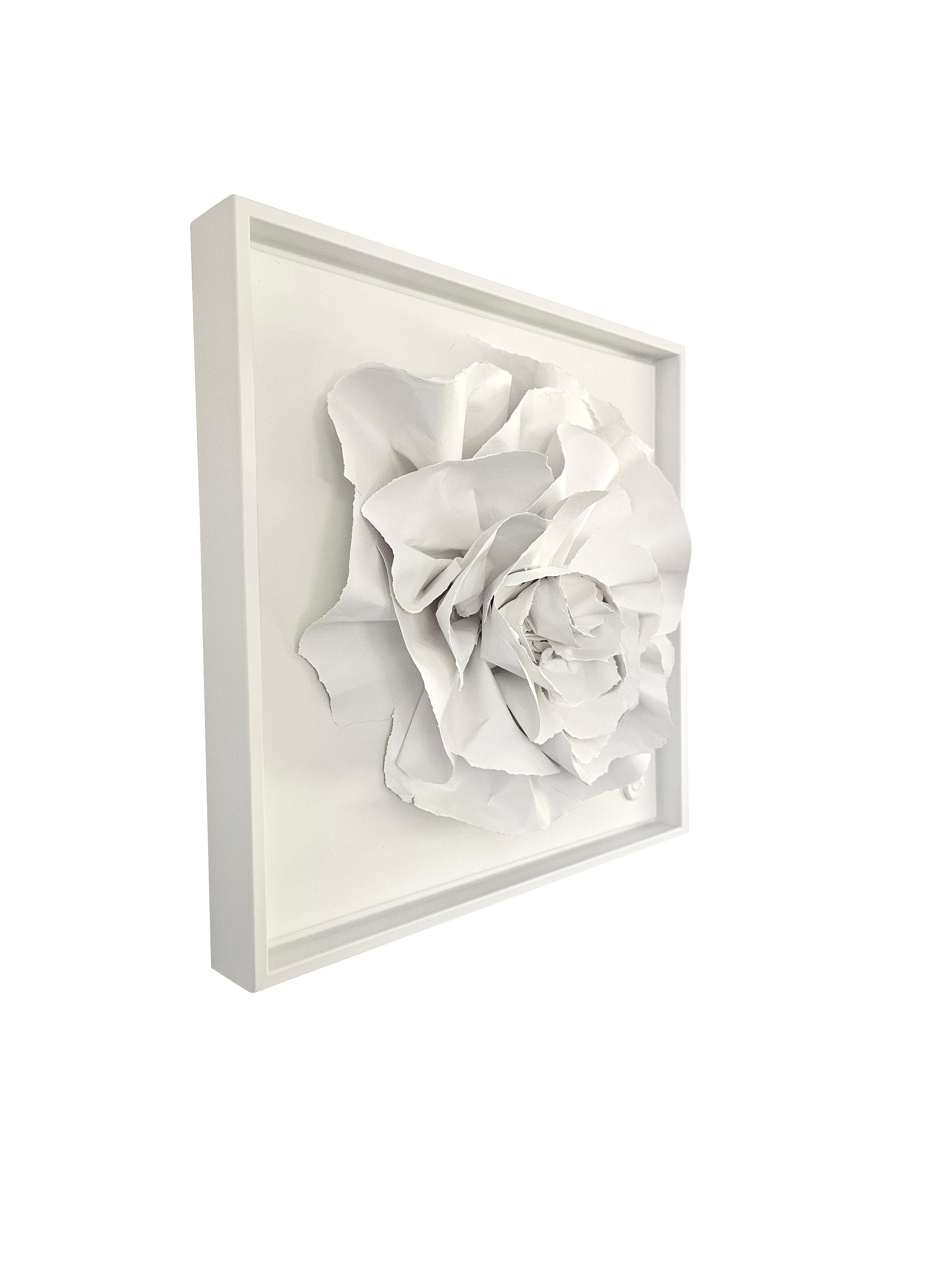 Escultura de papel recortado a mano enmarcada de la artista francesa contemporánea Veronique Guillou.
El papel se corta, se pinta y se rocía para que quede en una forma abstracta tridimensional.
Marco de madera blanca.
