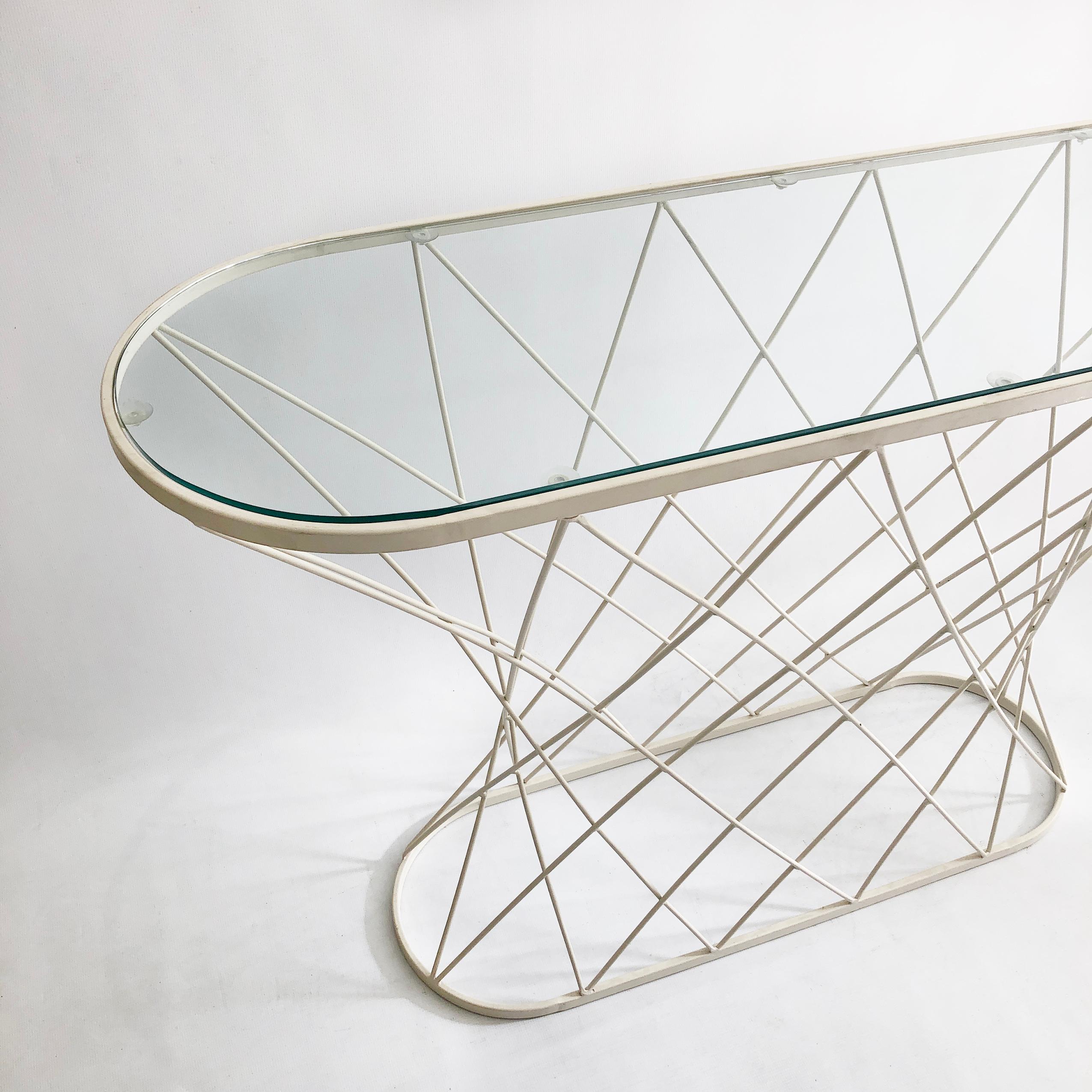 White Cyclone Console Table Oval Glass metal 80s Postmodern Minimalist For Sale 3
