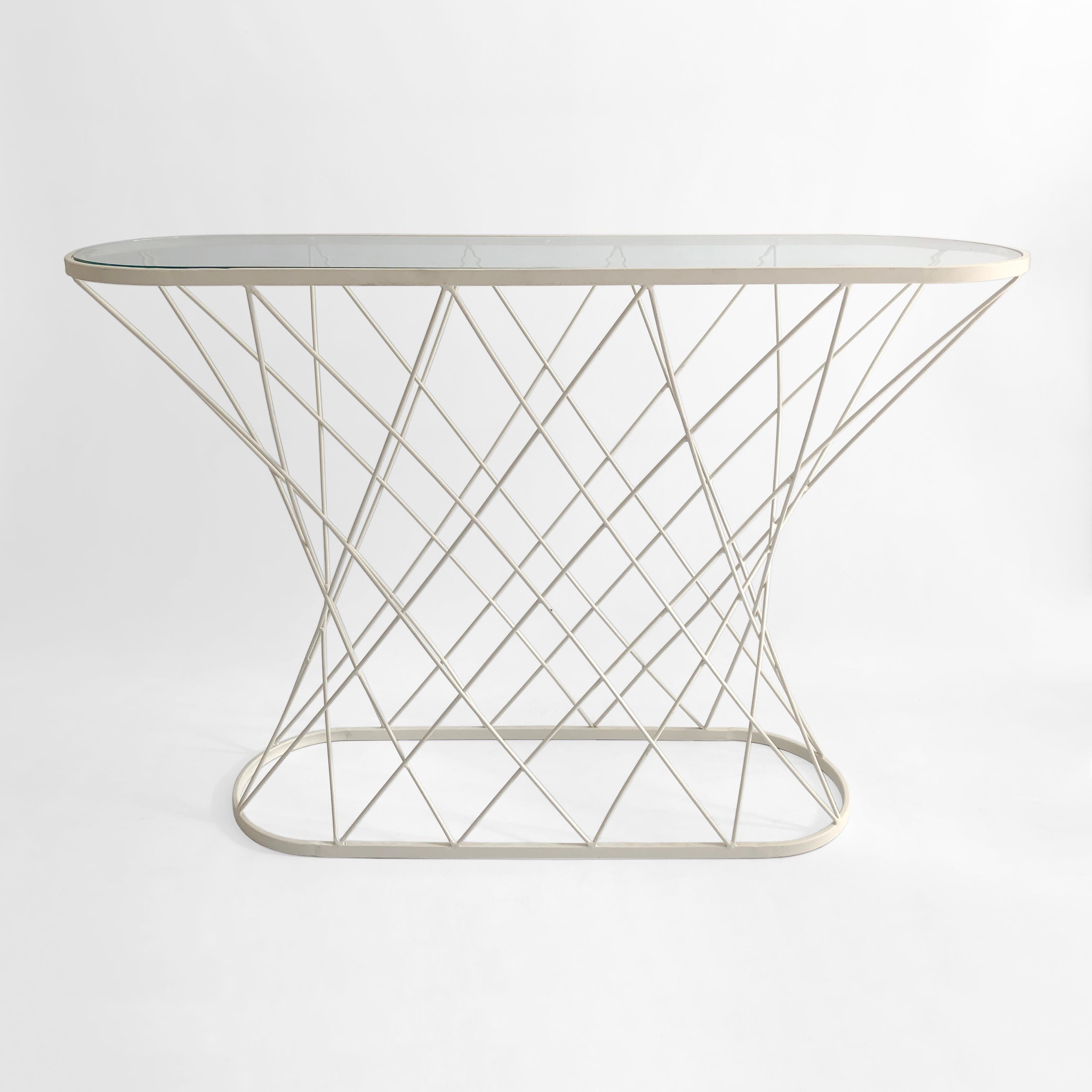 White Cyclone Console Table Oval Glass metal 80s Postmodern Minimalist In Good Condition For Sale In London, GB