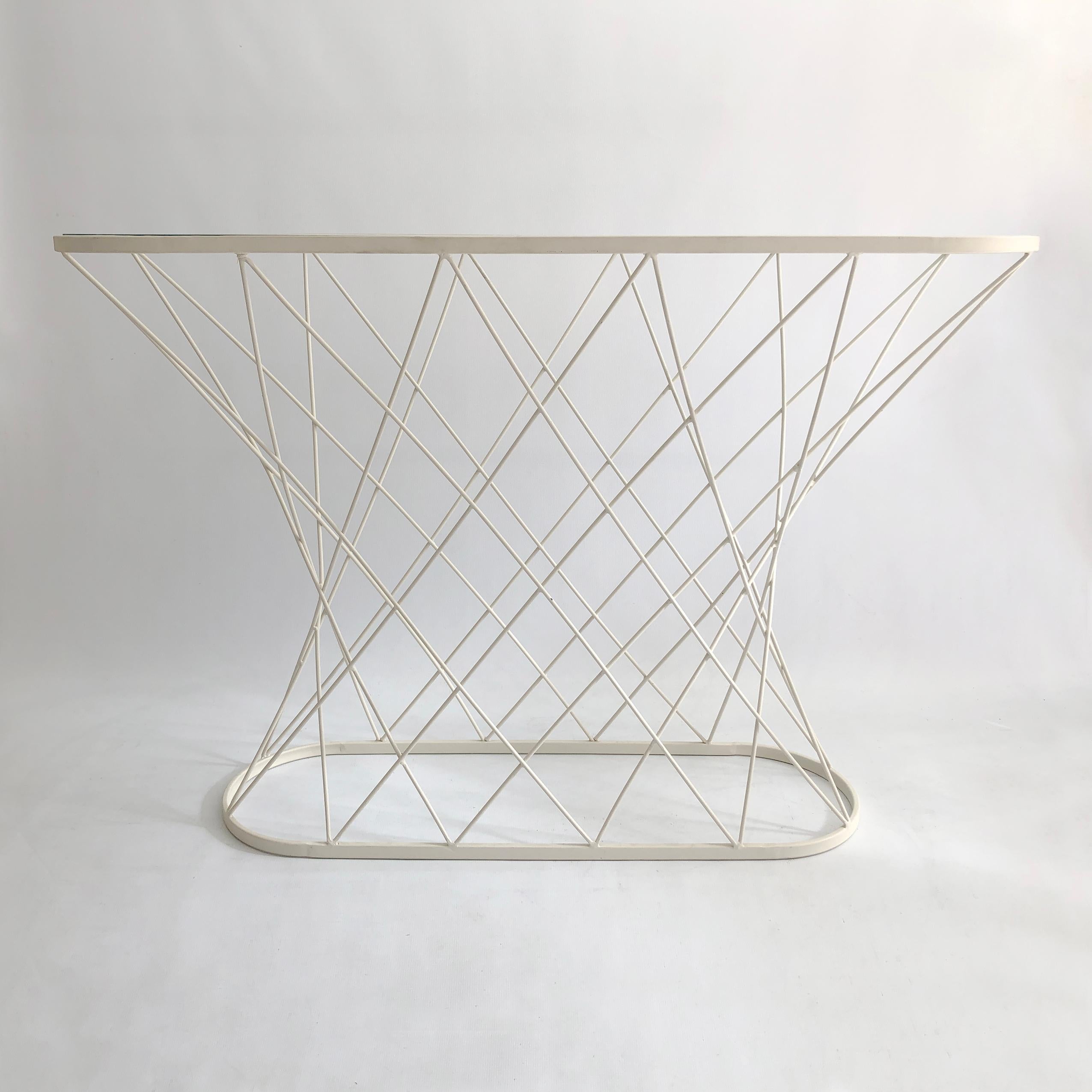 Weiß Zyklon Konsolentisch Oval Glas Metall 80s Postmodern Minimalistisch (Ende des 20. Jahrhunderts) im Angebot