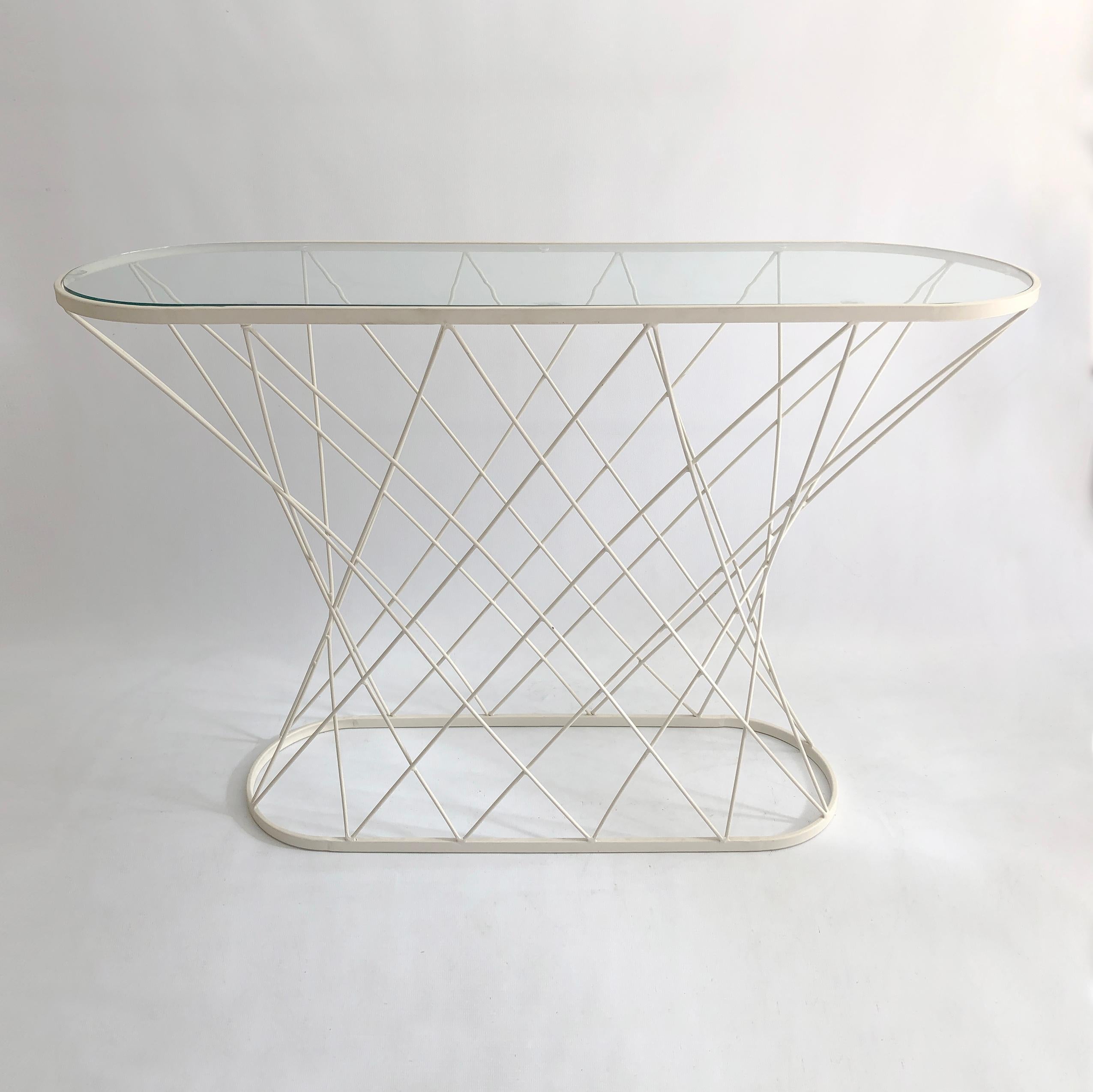 Metal White Cyclone Console Table Oval Glass metal 80s Postmodern Minimalist For Sale