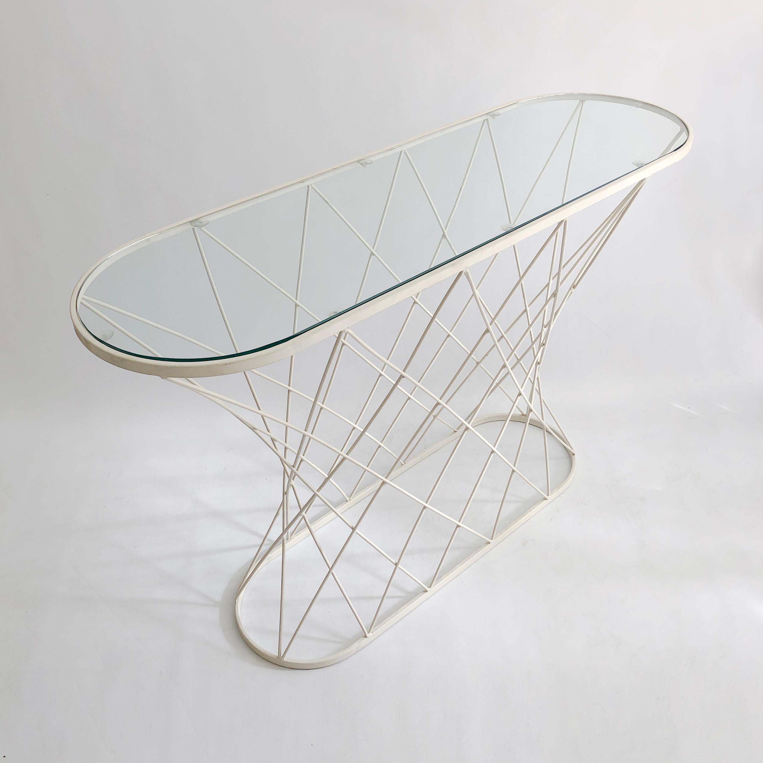 White Cyclone Console Table Oval Glass metal 80s Postmodern Minimalist For Sale 2