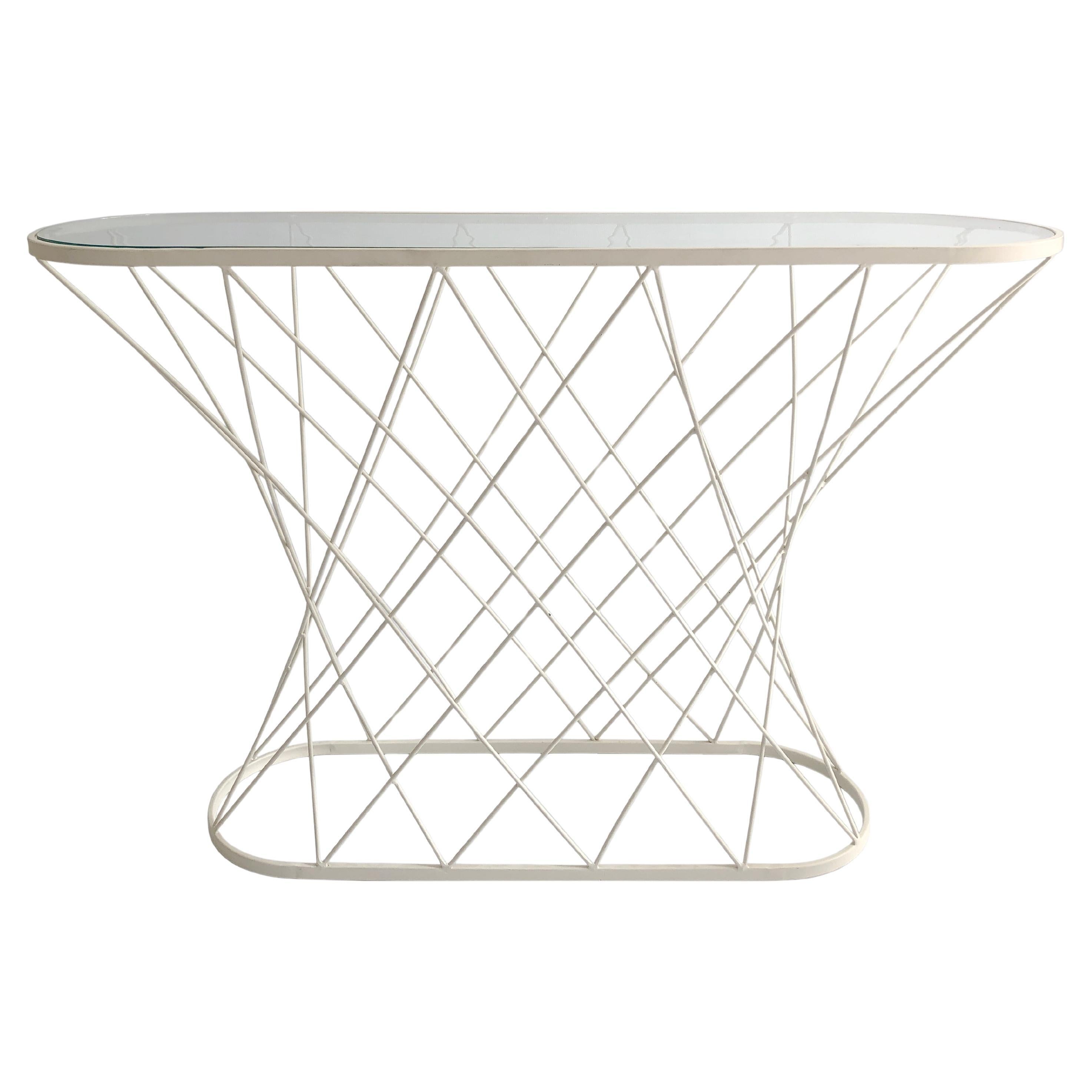 Weiß Zyklon Konsolentisch Oval Glas Metall 80s Postmodern Minimalistisch im Angebot