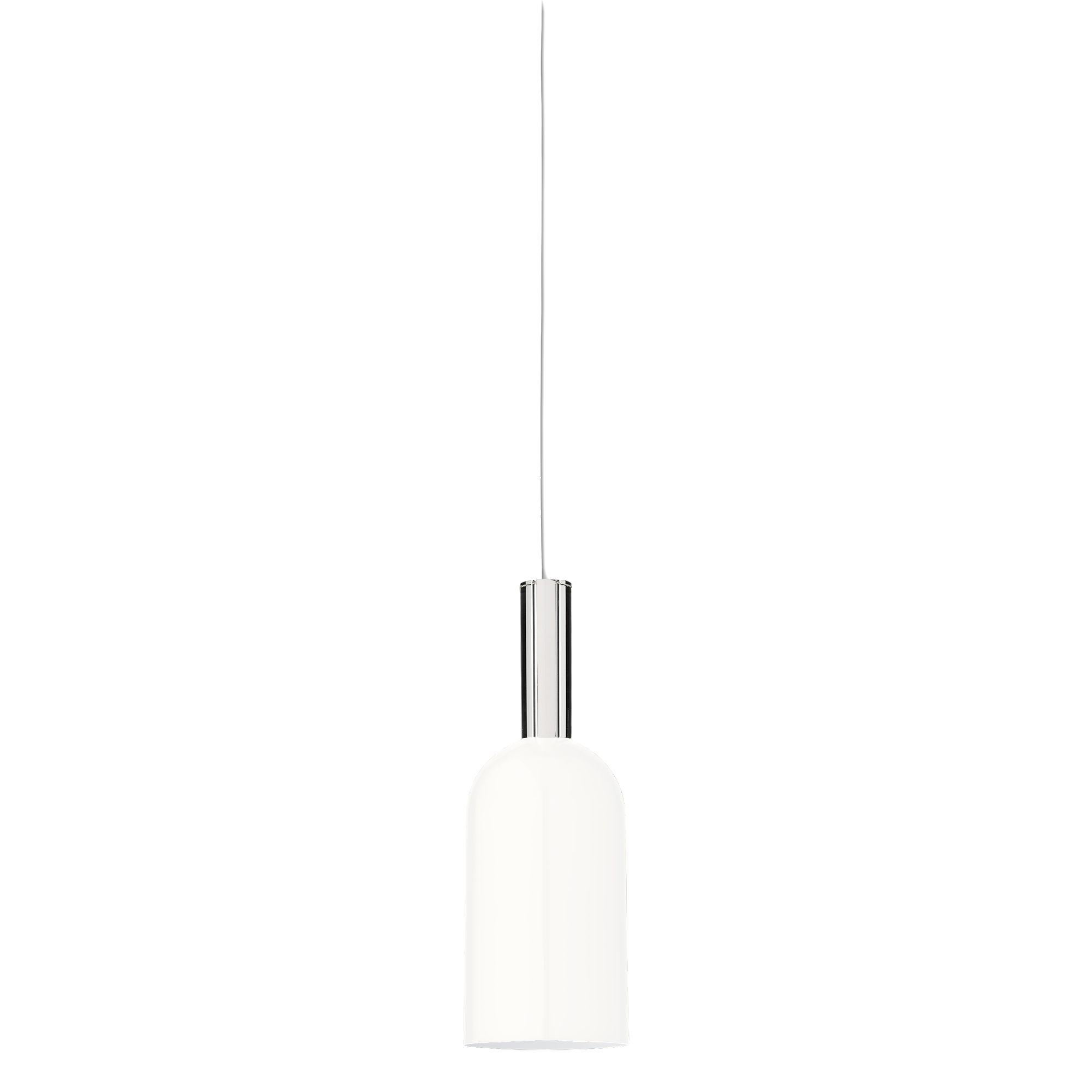 White cylinder pendant lamp
Dimensions: Diameter 12 x heighr 35 cm 
Materials: Glass, iron w. Brass plating & powder coating.
Details: For all lamps, the recommended light source is E27 max 25W&220/240 voltage. We recommend LED in order to avoid