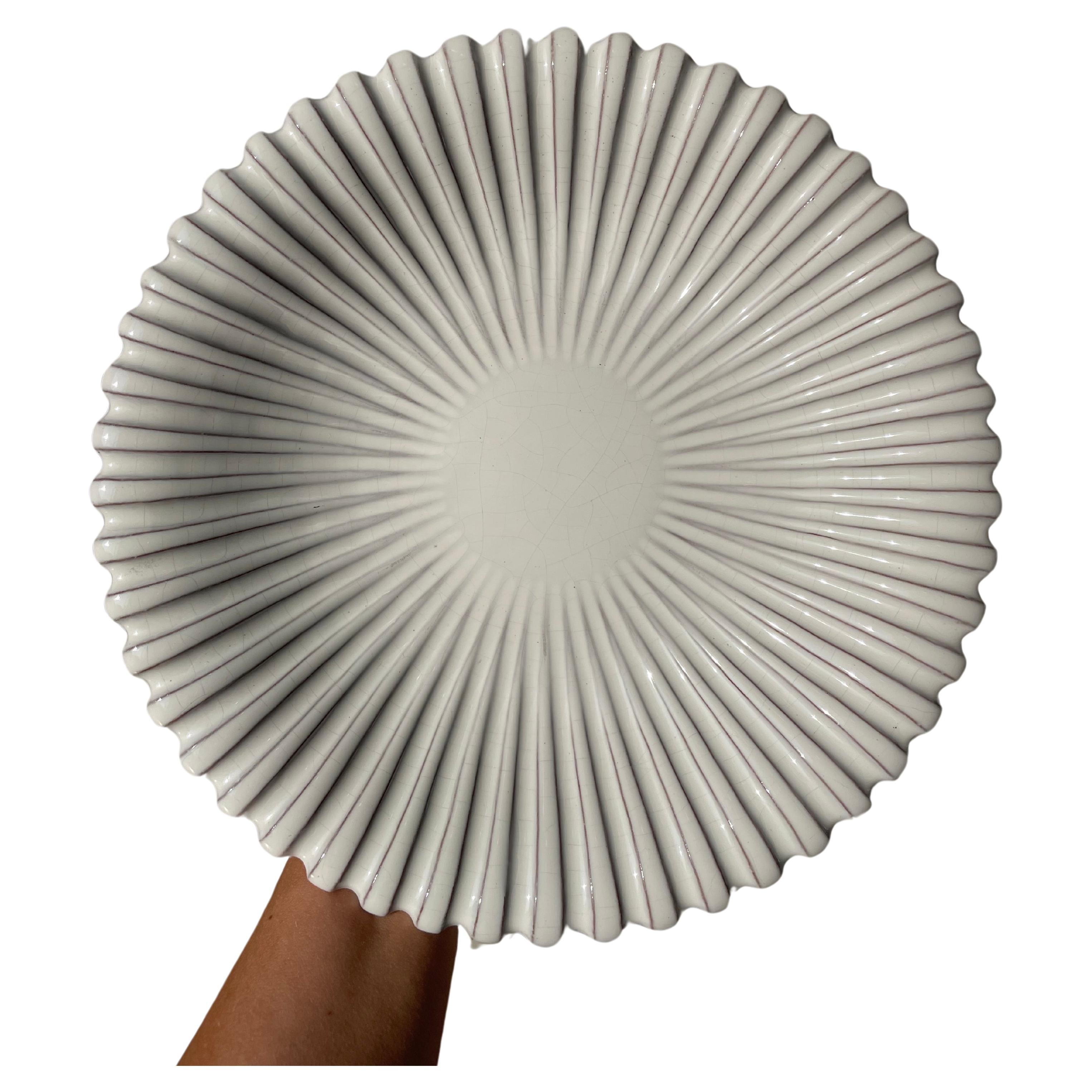 White Danish Modern Lined Relief Plate, 1960s For Sale