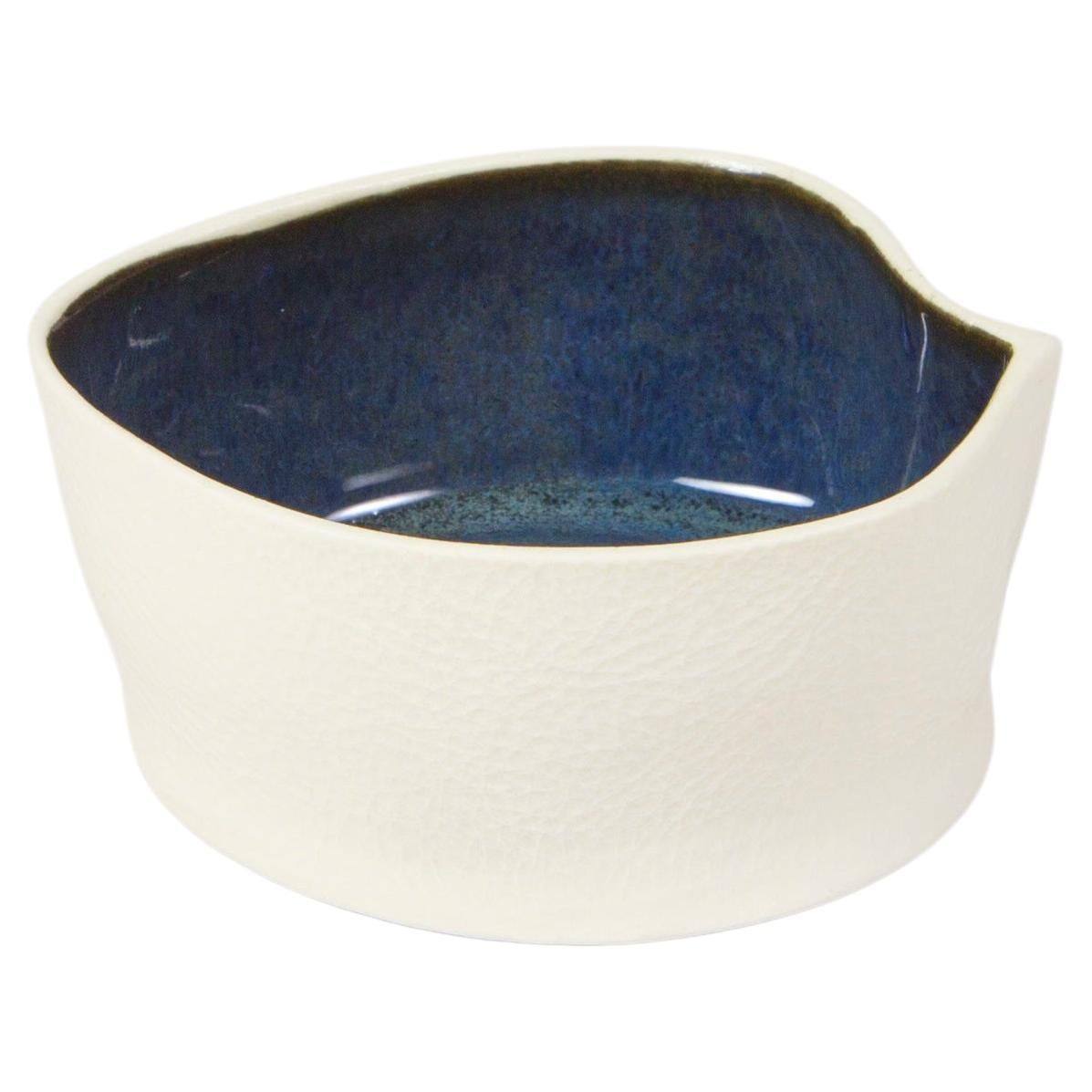 White & Dark Blue Small Ceramic Kawa Dish, Textured Porcelain Catchall Bowl For Sale