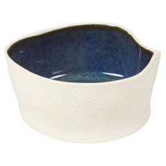 White & Dark Blue Small Ceramic Kawa Dish, Textured Porcelain Catchall Bowl