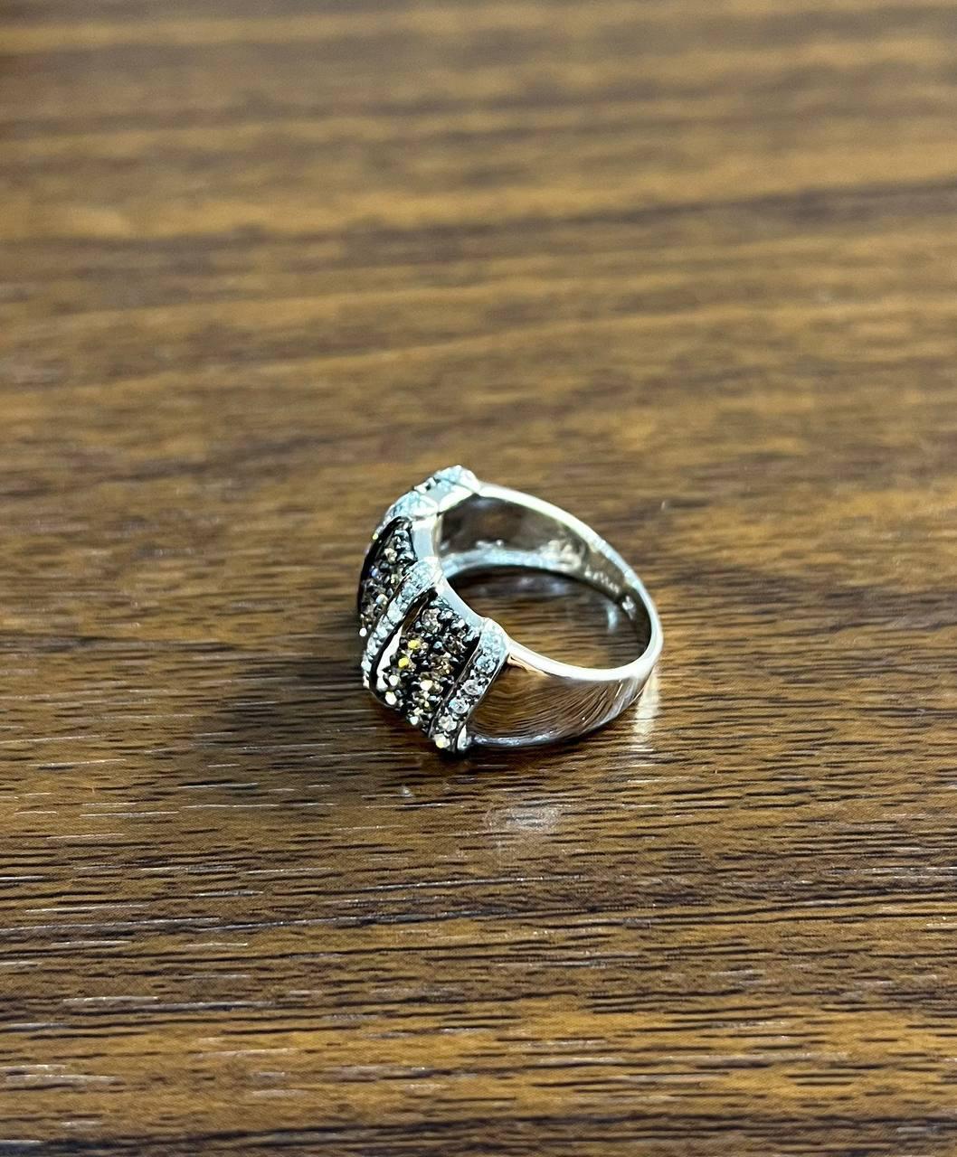 Mixed Cut White Dark Brown Champagne Diamonds Pave 18K White Gold Band Statement Ring For Sale
