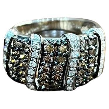 White Dark Brown Champagne Diamonds Pave 18K White Gold Band Statement Ring