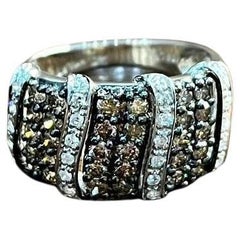White Dark Brown Champagne Diamonds Pave 18K White Gold Band Statement Ring