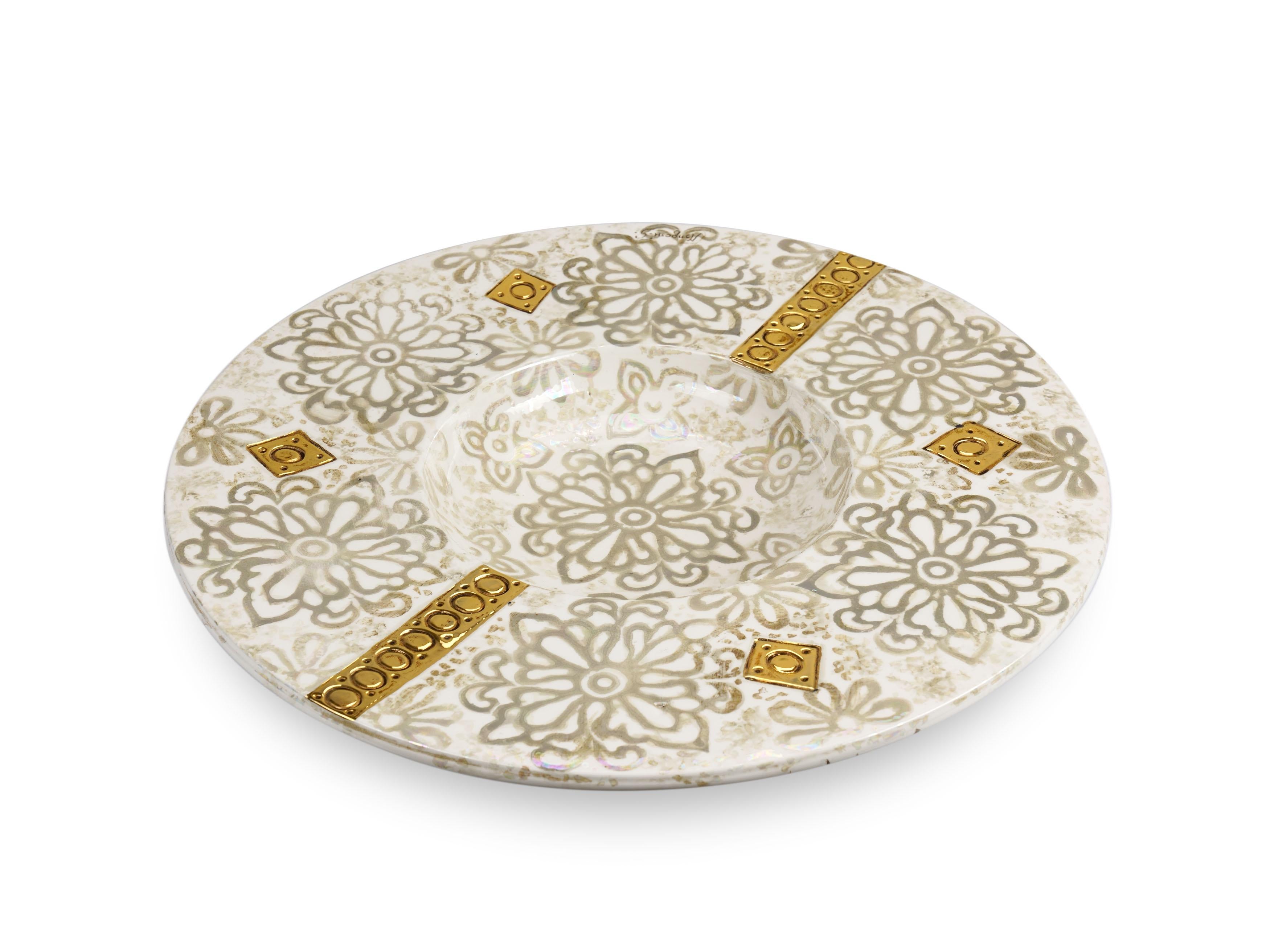 White Decorative Centerpiece Plate Floral Motif, Mother of Pearl, Luster Gold For Sale 3