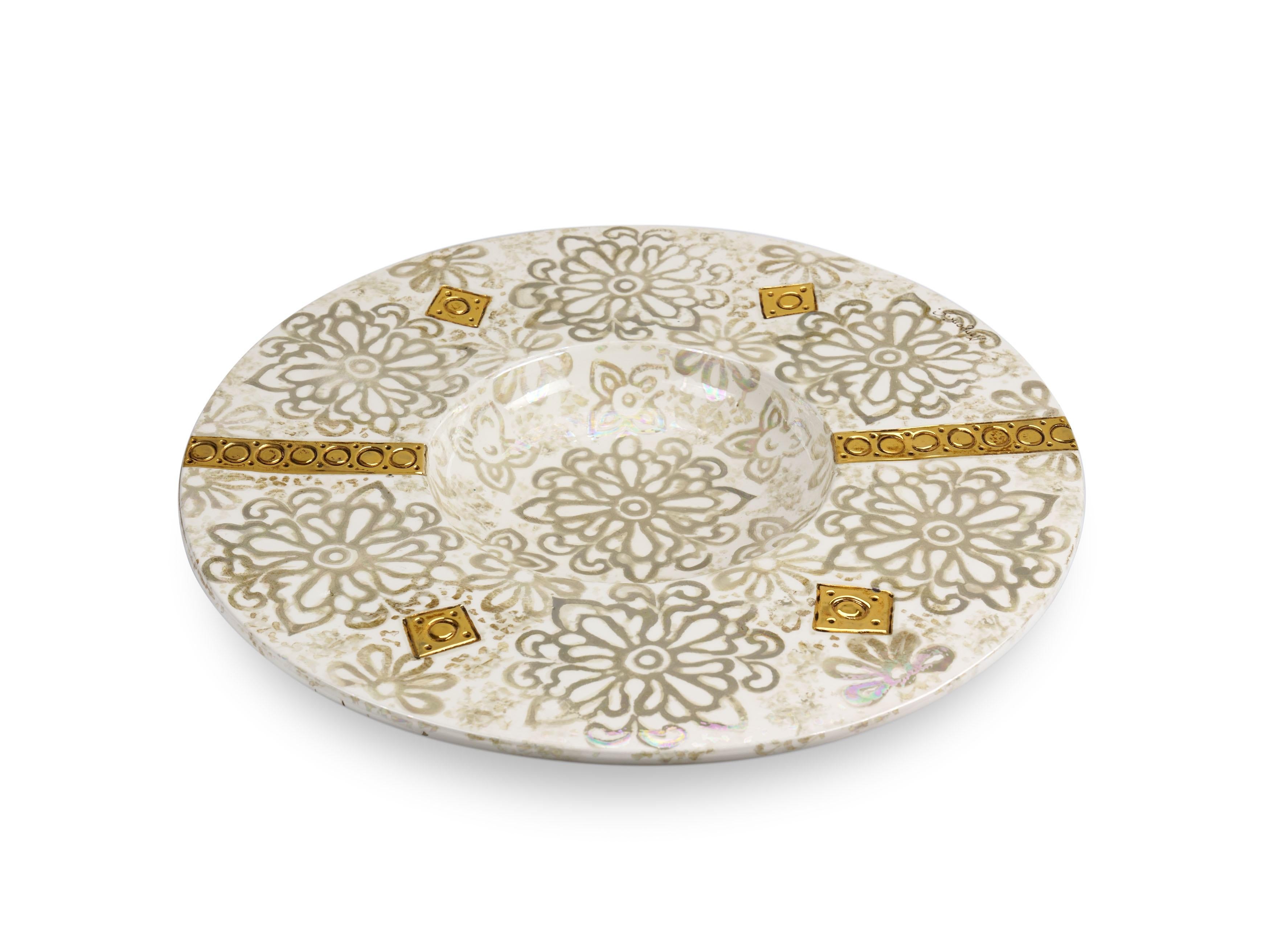 White Decorative Centerpiece Plate Floral Motif, Mother of Pearl, Luster Gold For Sale 4