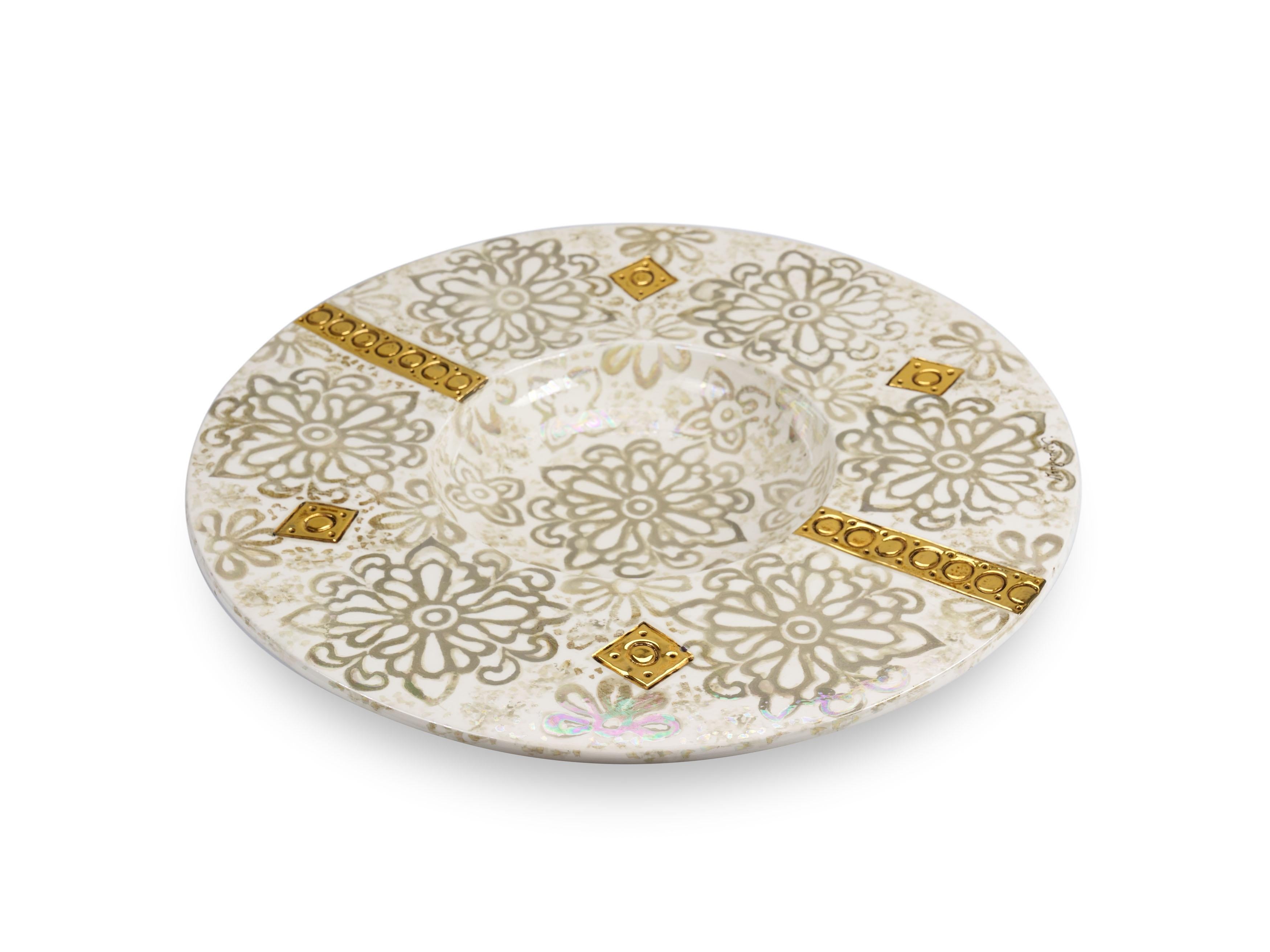 White Decorative Centerpiece Plate Floral Motif, Mother of Pearl, Luster Gold For Sale 5