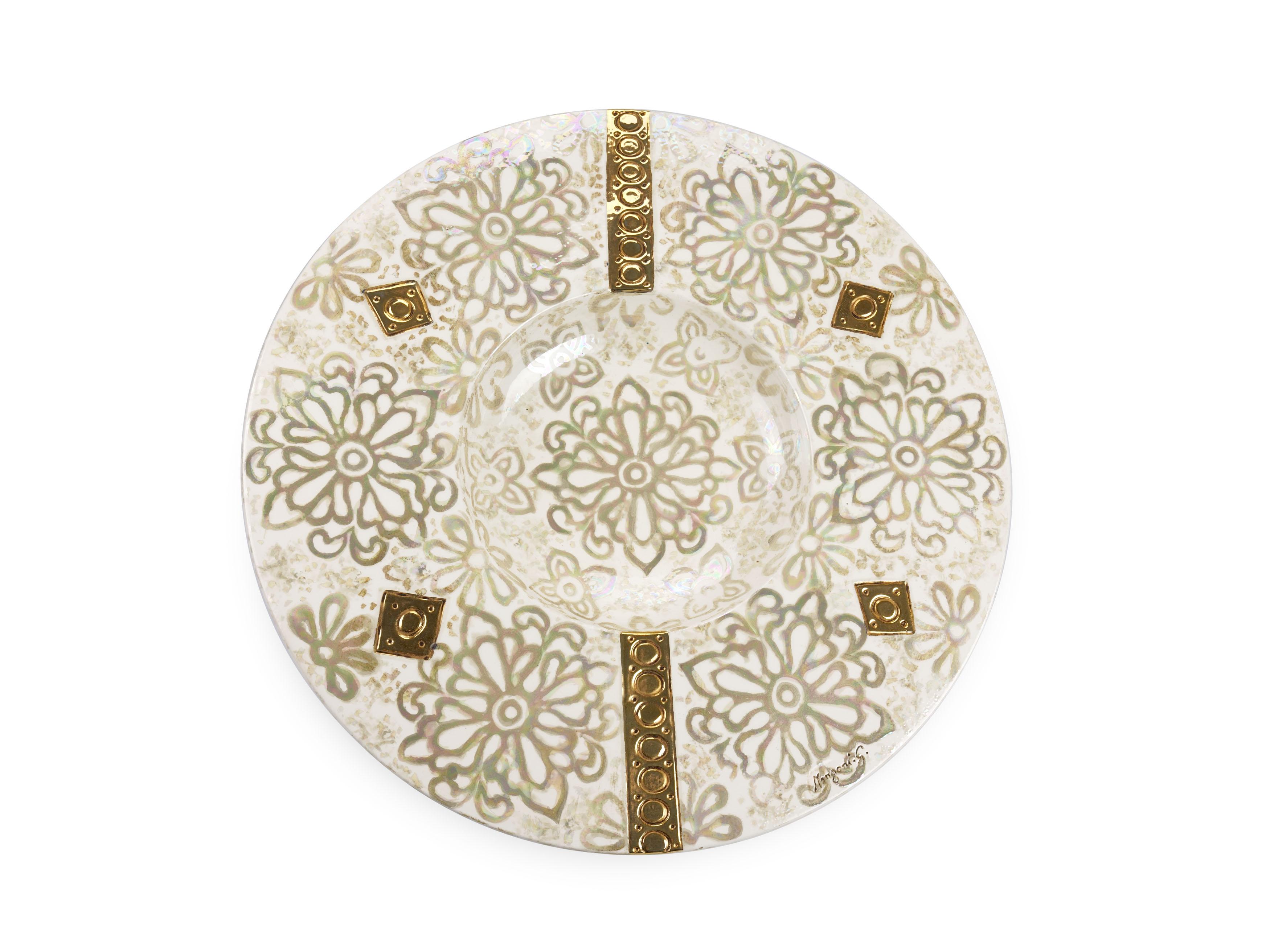 Italian White Decorative Centerpiece Plate Floral Motif, Mother of Pearl, Luster Gold For Sale