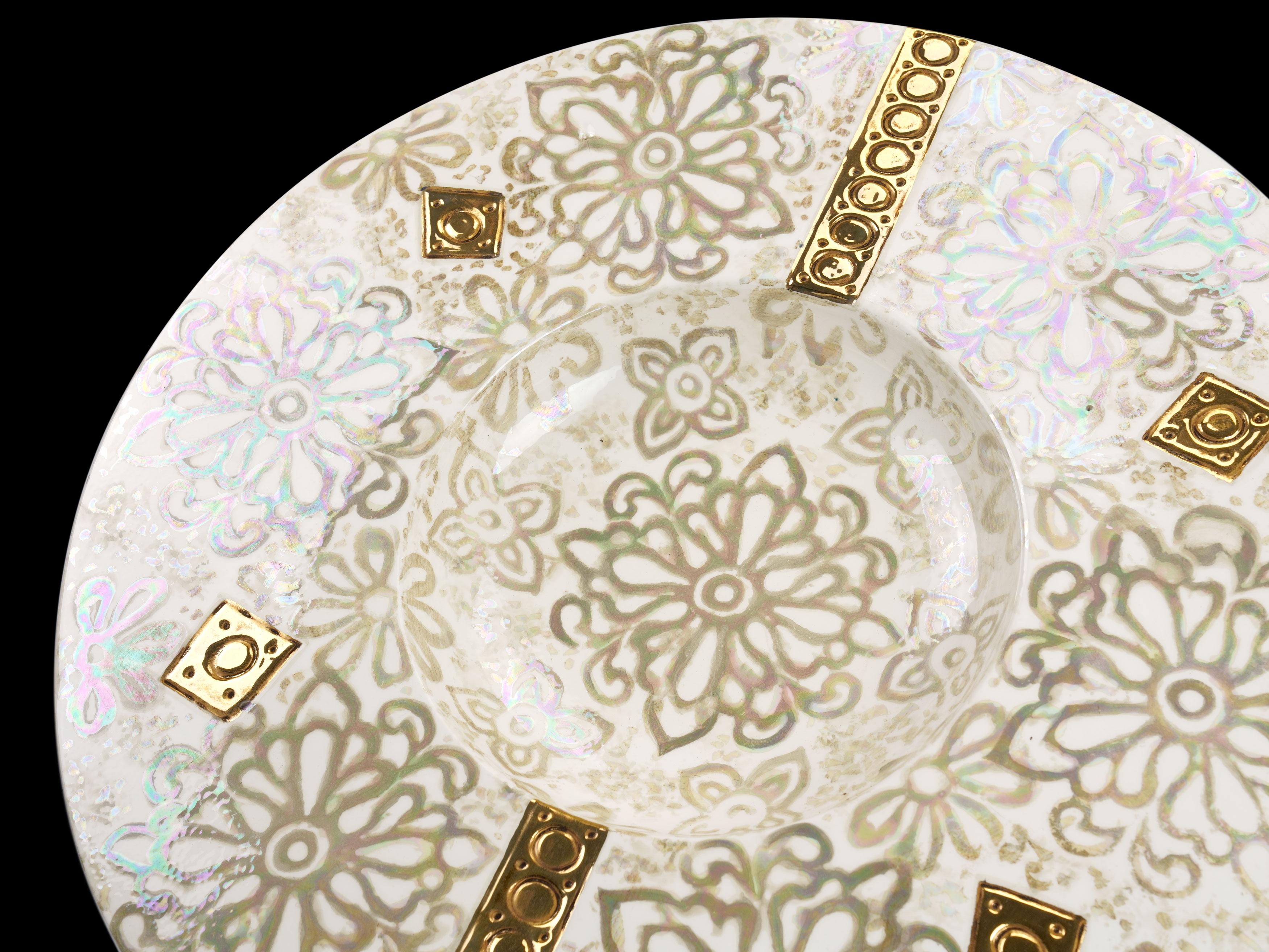 Turned White Decorative Centerpiece Plate Floral Motif, Mother of Pearl, Luster Gold For Sale