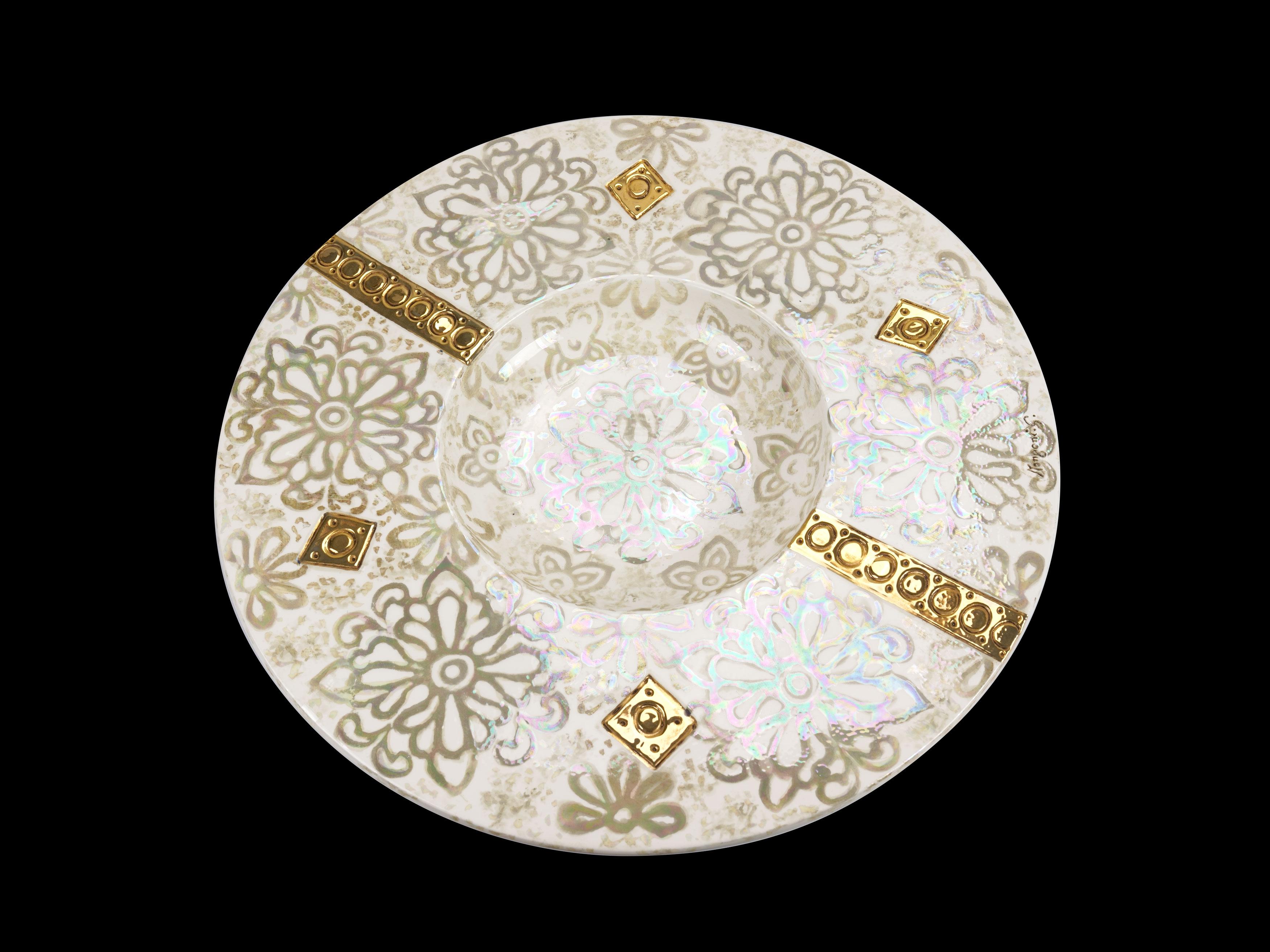 Contemporary White Decorative Centerpiece Plate Floral Motif, Mother of Pearl, Luster Gold For Sale