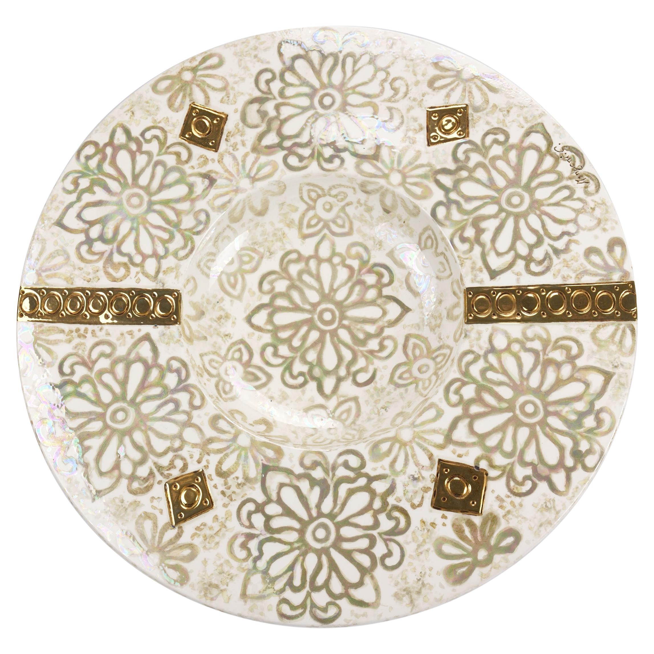 Modern White Decorative Centerpiece Plate Floral Motif, Mother of Pearl, Luster Gold For Sale