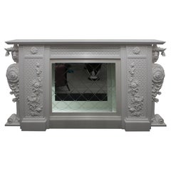 Neoclassical Chinoiserie Matte White Wood & Marble Decorative Fireplace