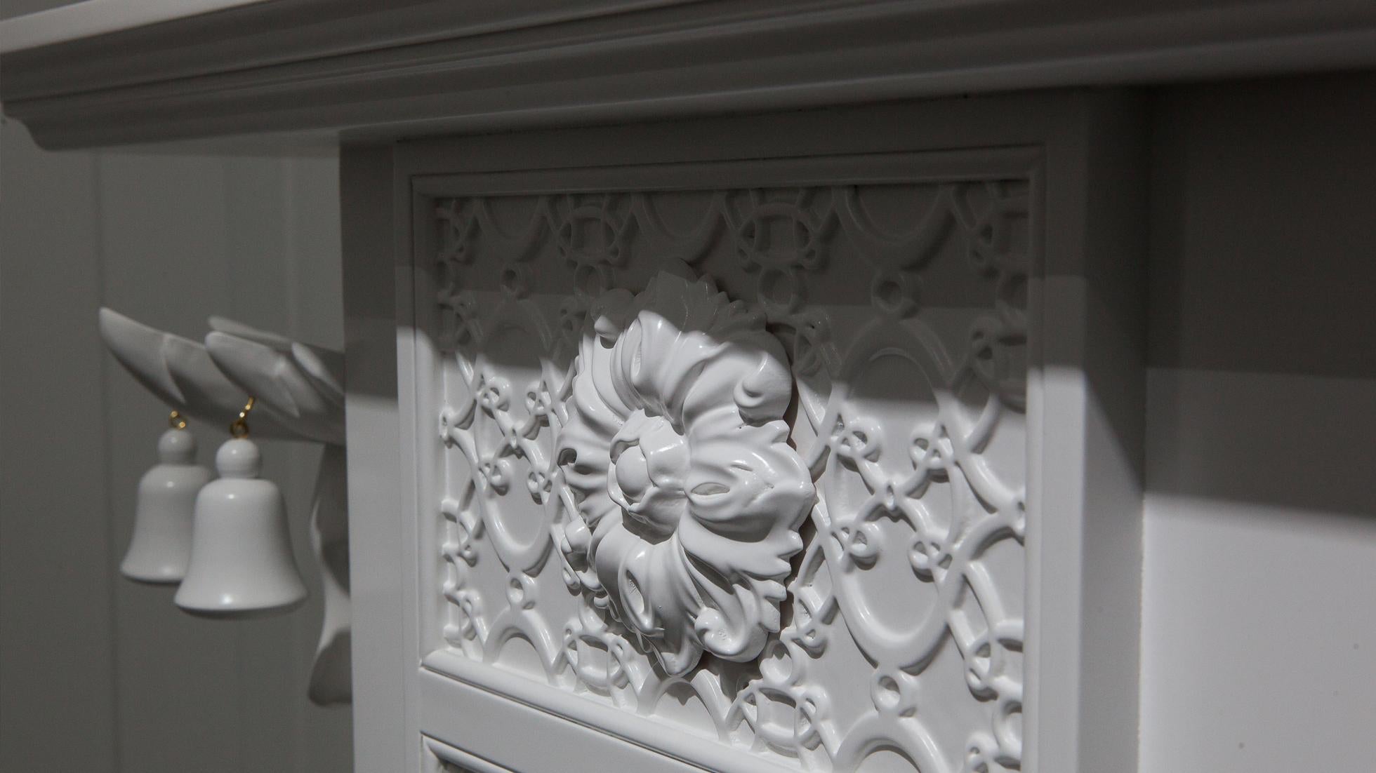 Hong Kong White Decorative Fireplace Сhinoiserie style in Solid Wood and Marble For Sale