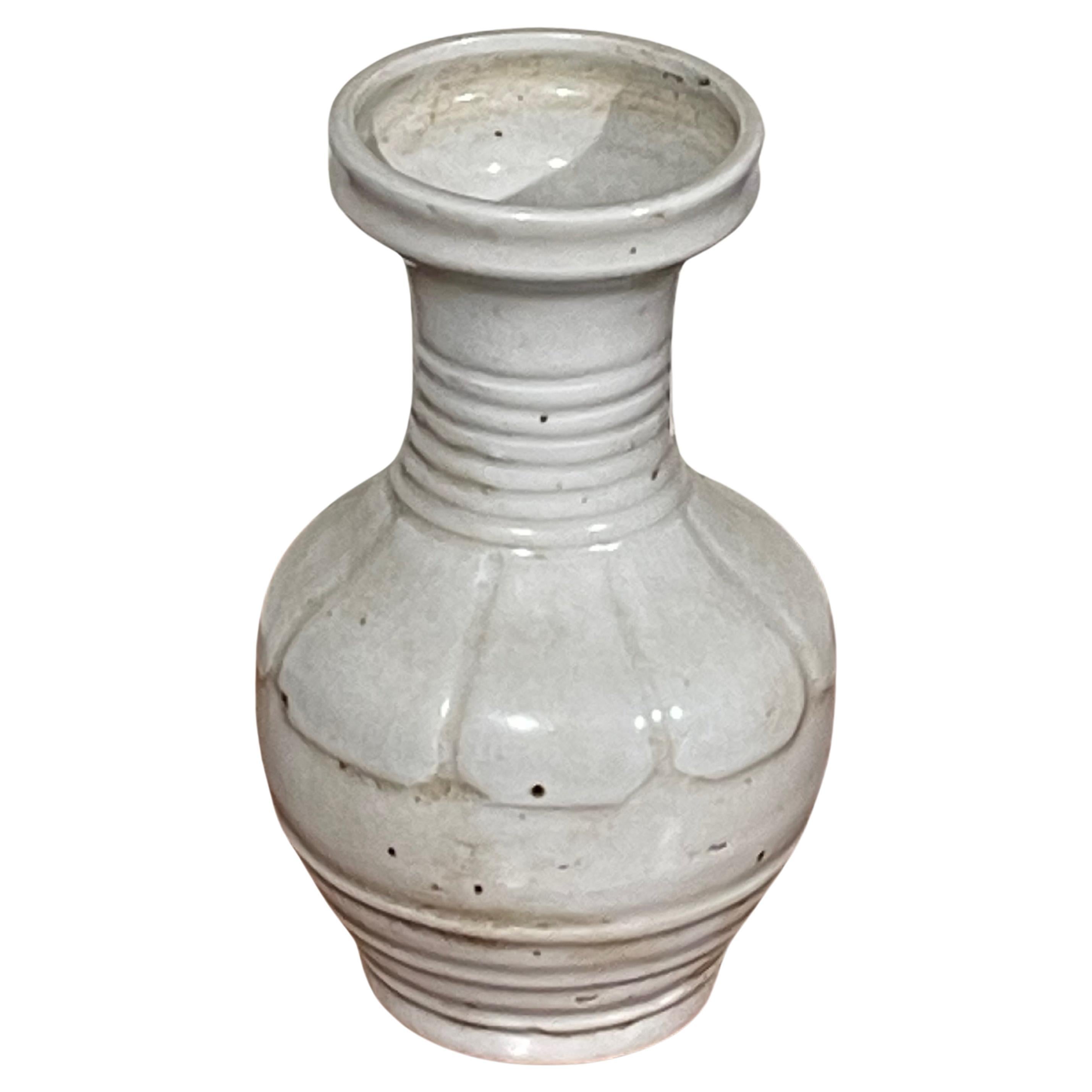 White Decorative Horizontal Bands Patterned Vase, China, Contemporary For Sale