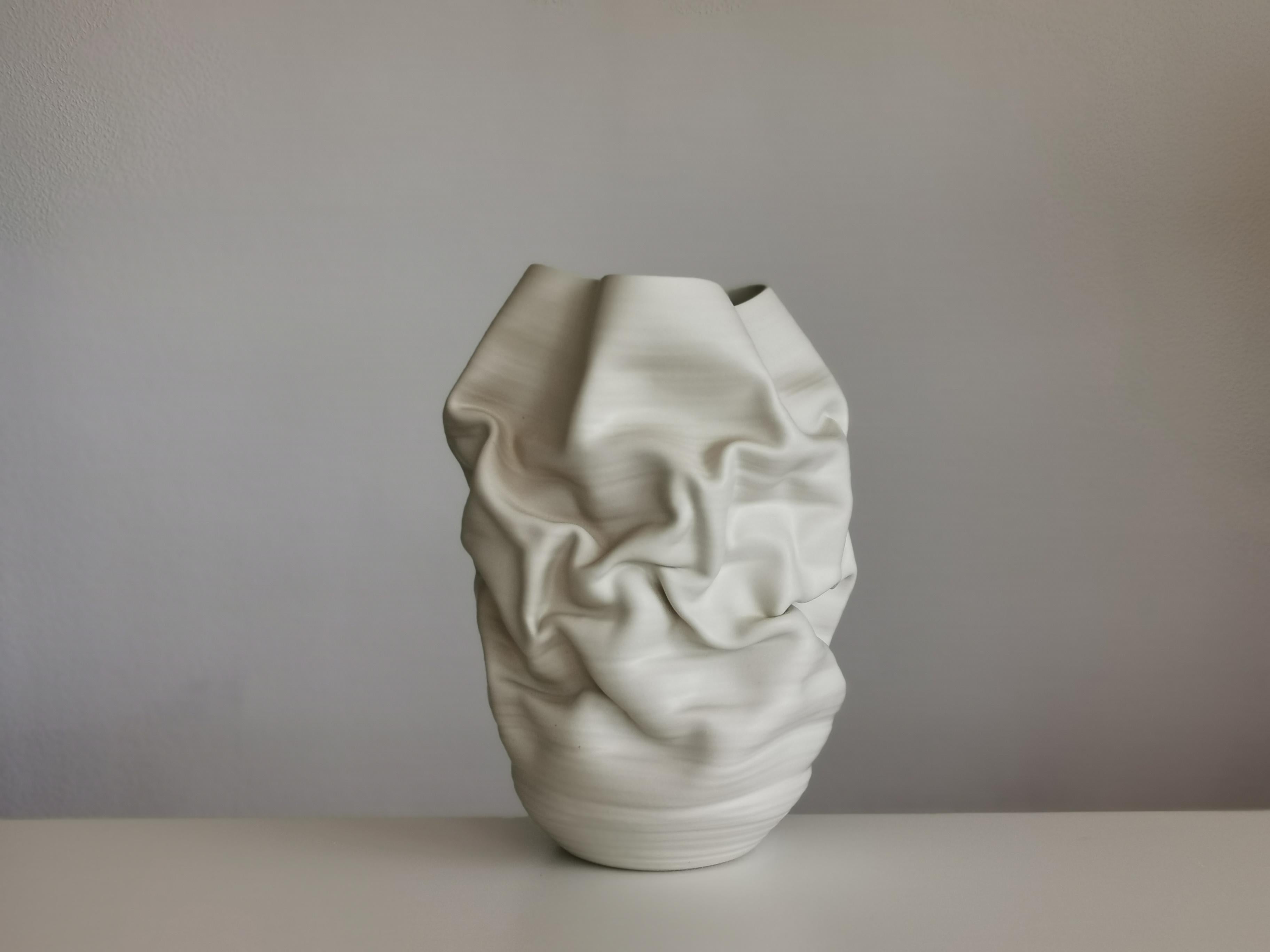 Organic Modern White Deflated Crumpled Form, Vase, Interior Sculpture or Vessel, Objet D'Art