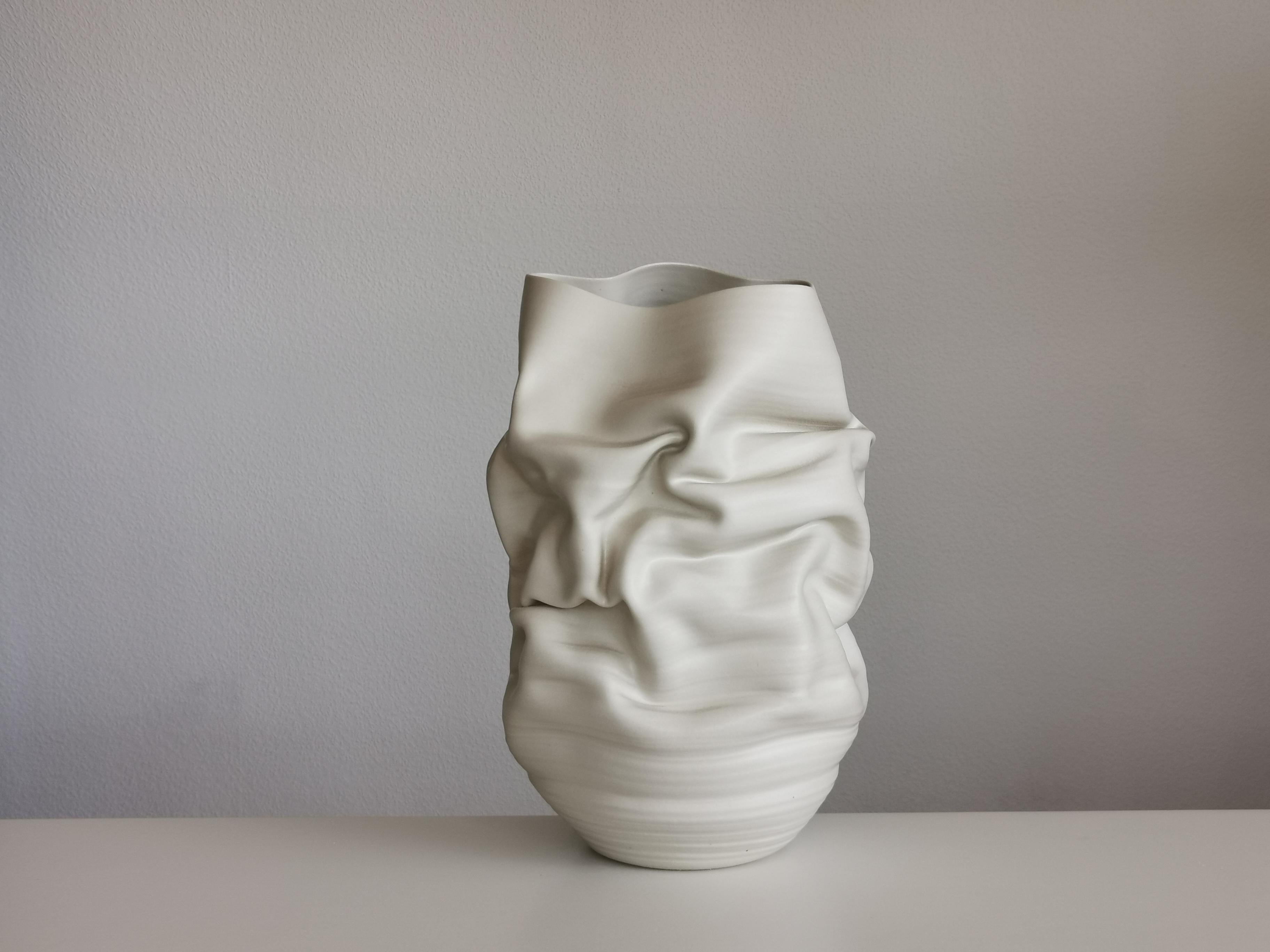 Contemporary White Deflated Crumpled Form, Vase, Interior Sculpture or Vessel, Objet D'Art