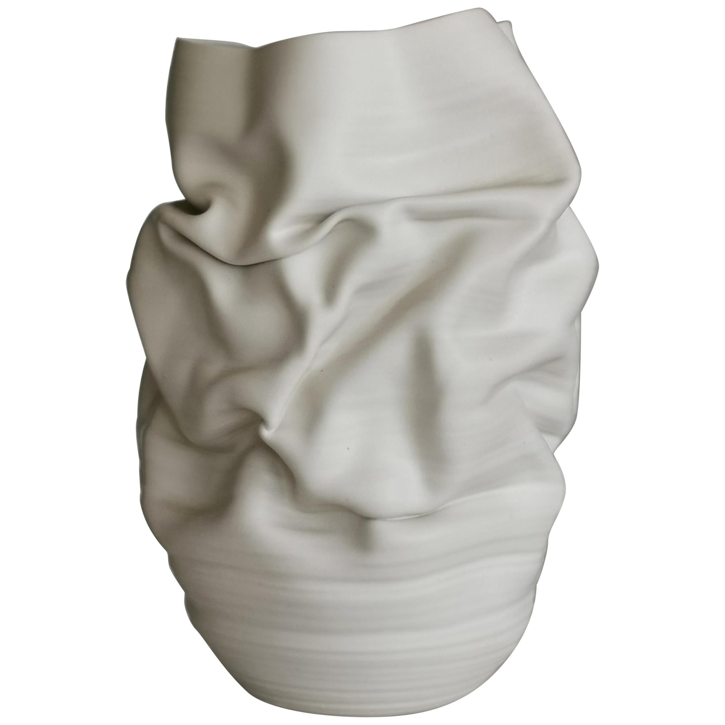 White Deflated Crumpled Form, Vase, Interior Sculpture or Vessel, Objet D'Art
