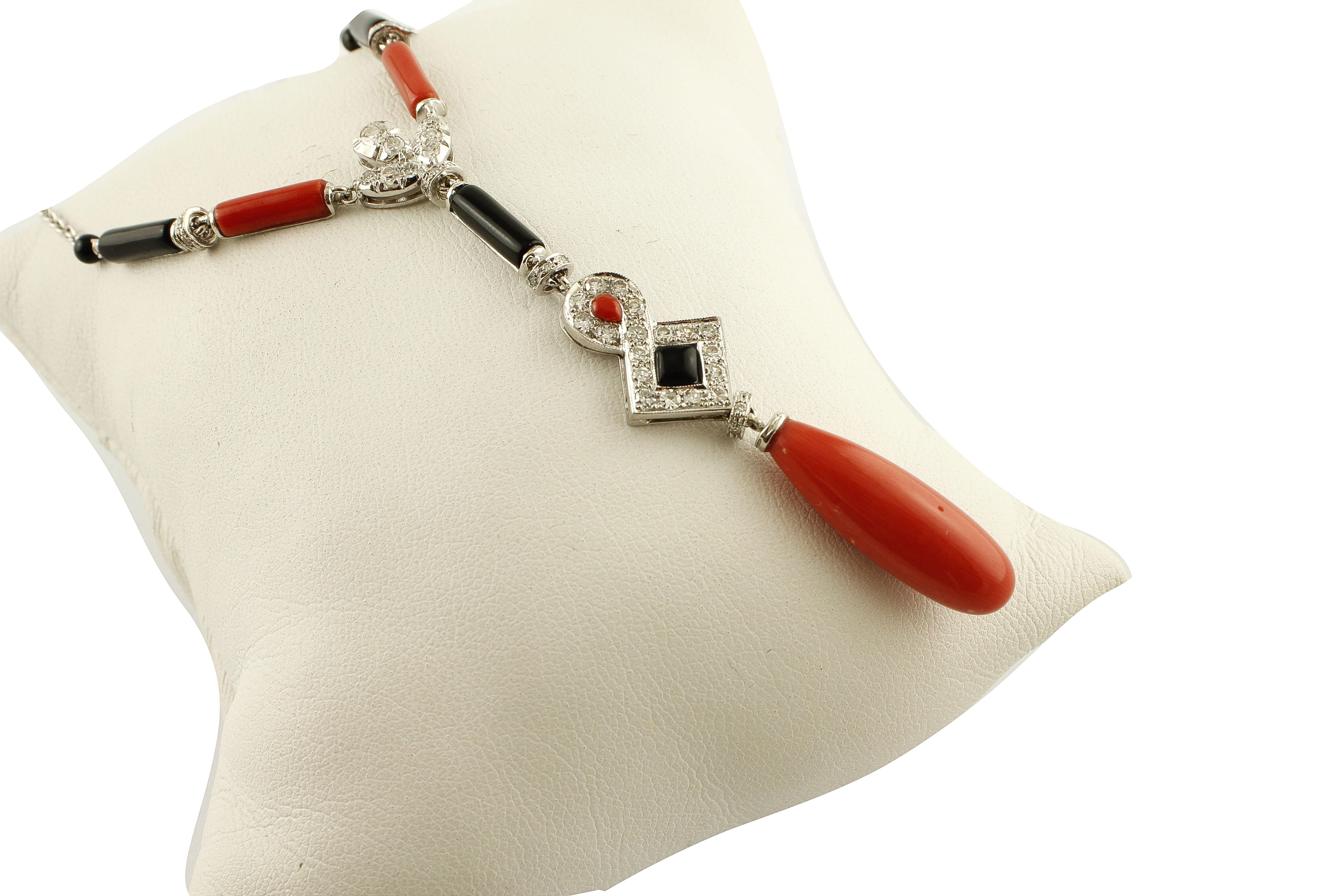 Retro Diamonds, Red Corals and Drop, Onyx, 14 Karat White Gold Pendant Necklace