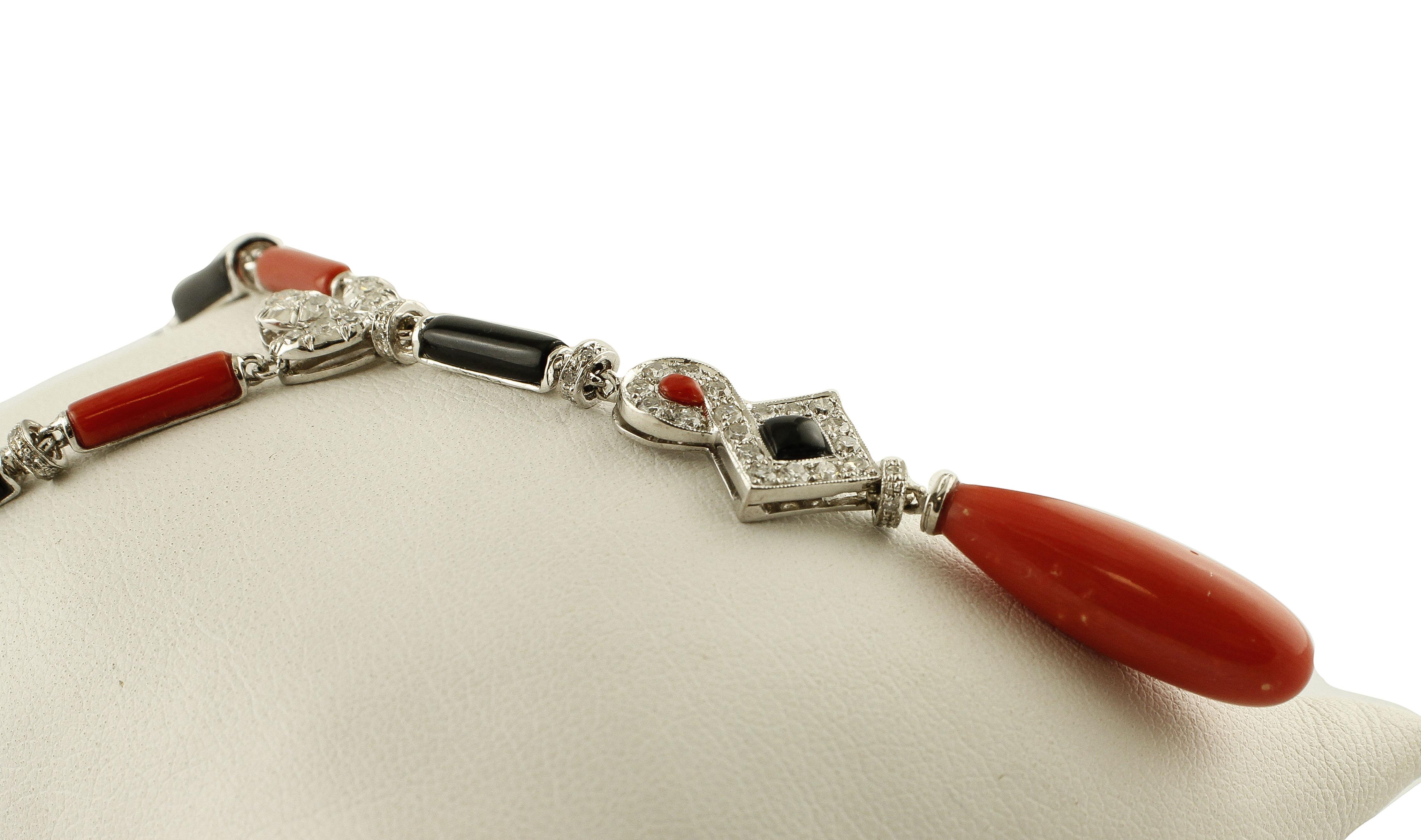 Round Cut Diamonds, Red Corals and Drop, Onyx, 14 Karat White Gold Pendant Necklace