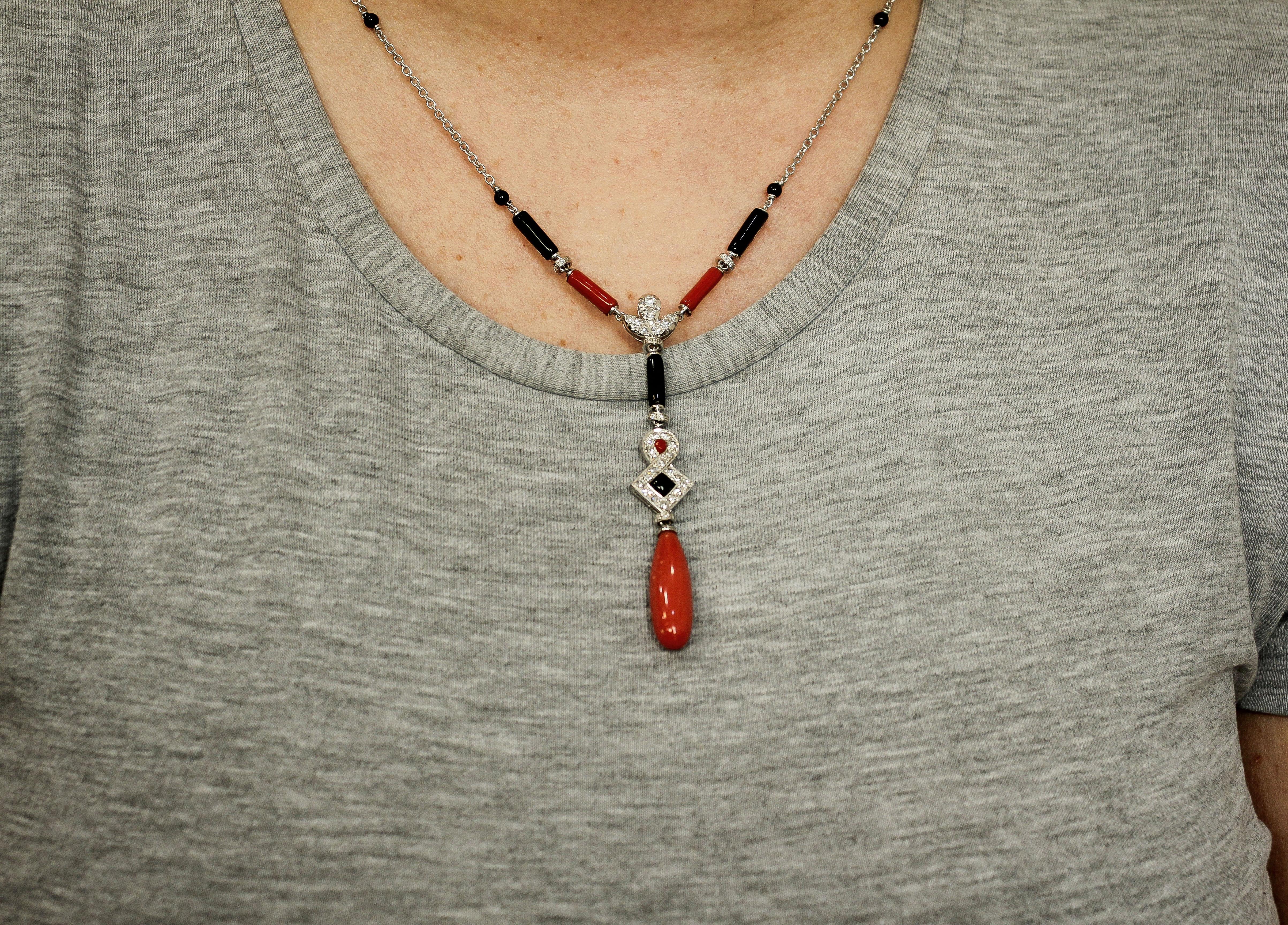 Women's Diamonds, Red Corals and Drop, Onyx, 14 Karat White Gold Pendant Necklace