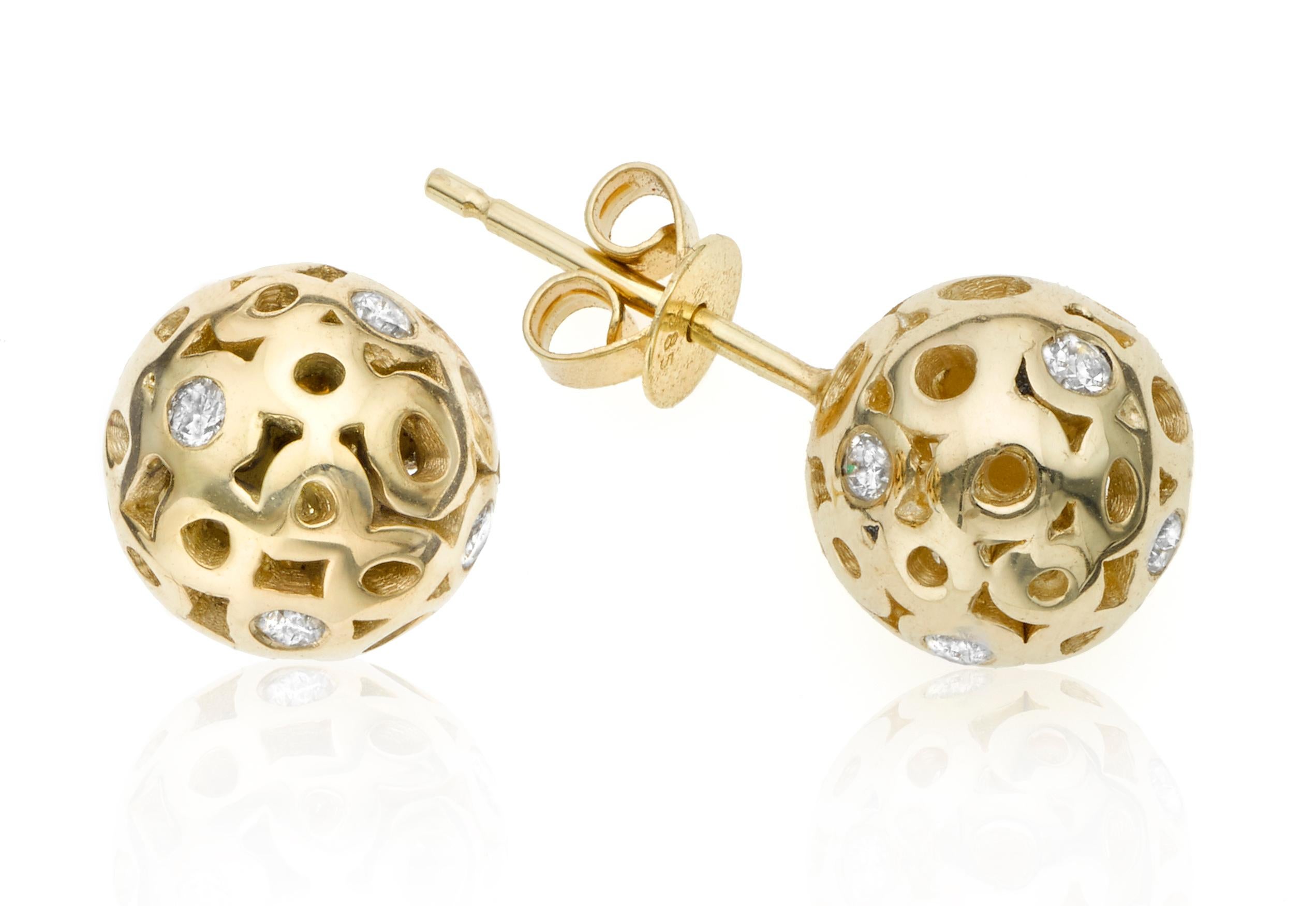 These are not your ordinary pair of classic stud earrings.  Made of two half-spheres composed of Hi June Parker's signature organic circles sprinkled with white diamonds. Also a sophisticated and elegant option for bridal or weddings. These stud