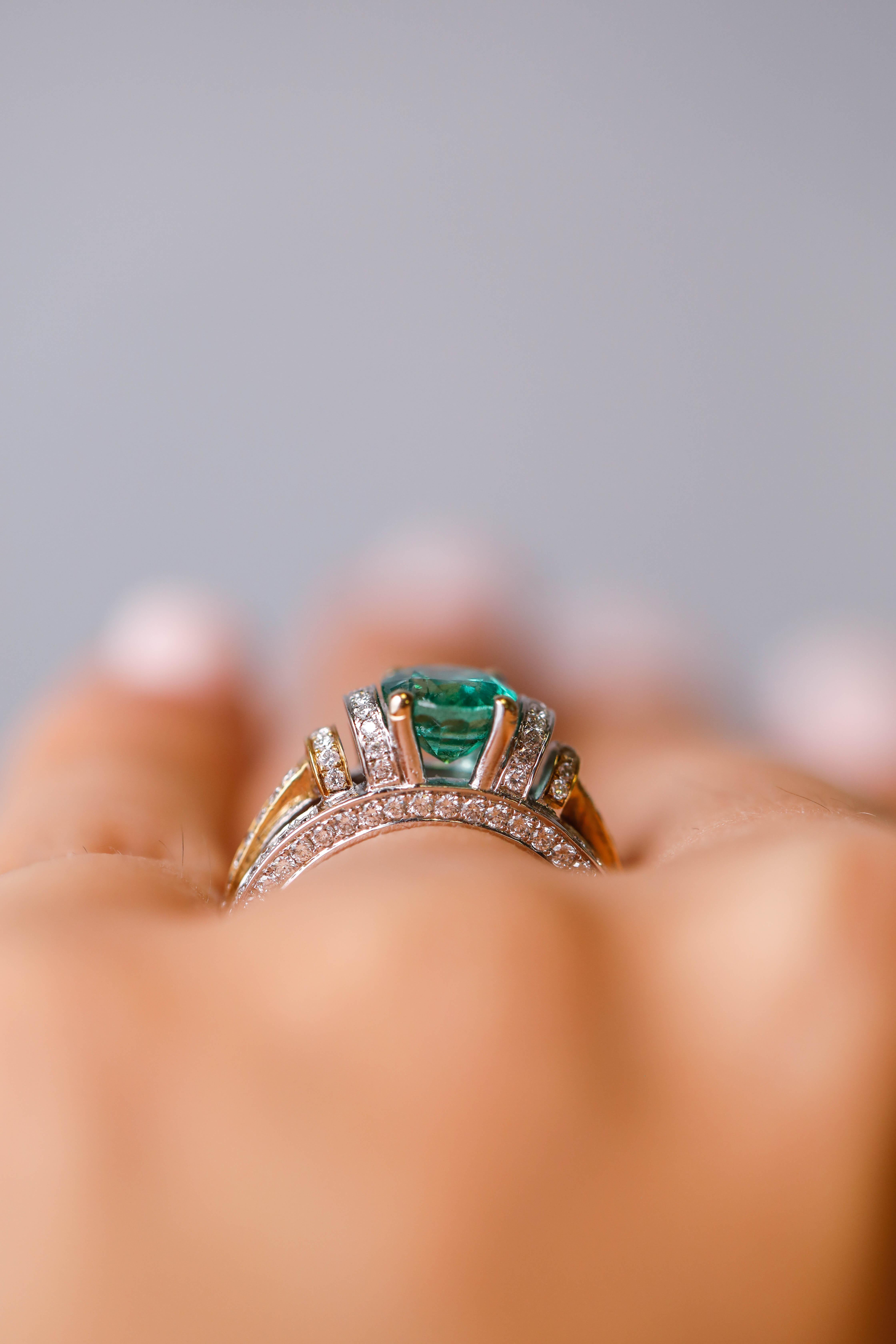 Oval Cut Natalie K 1.30 Carat Oval Emerald Ring Diamond Engagement in 18 Kt Two-Tone Gold