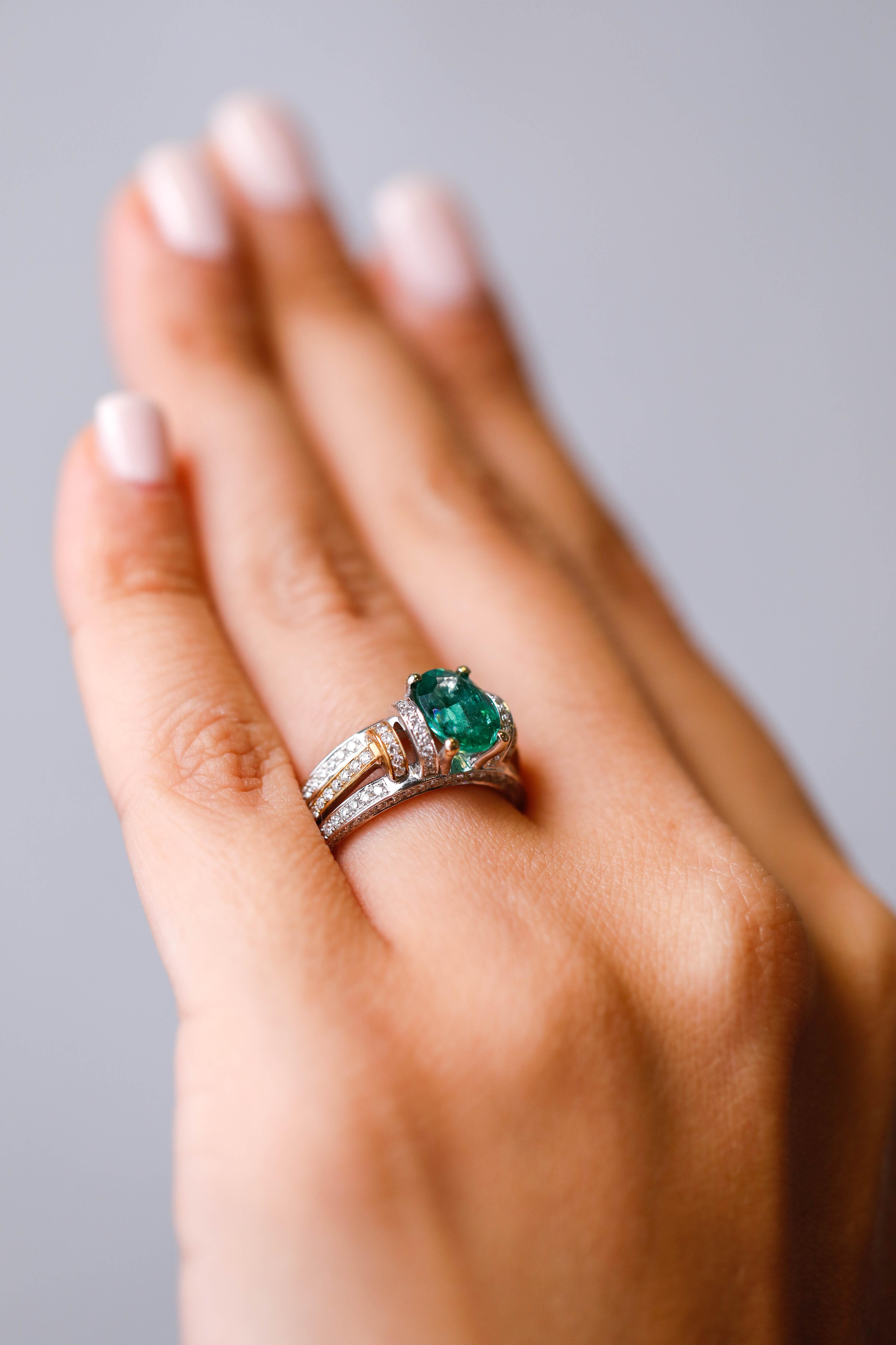 Natalie K 1.30 Carat Oval Emerald Ring Diamond Engagement in 18 Kt Two-Tone Gold In New Condition In New York, NY