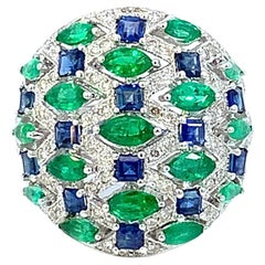 White Diamond 1.4 Carat, Emerald, & Sapphire 2.80 Carats in 18K Gold RING