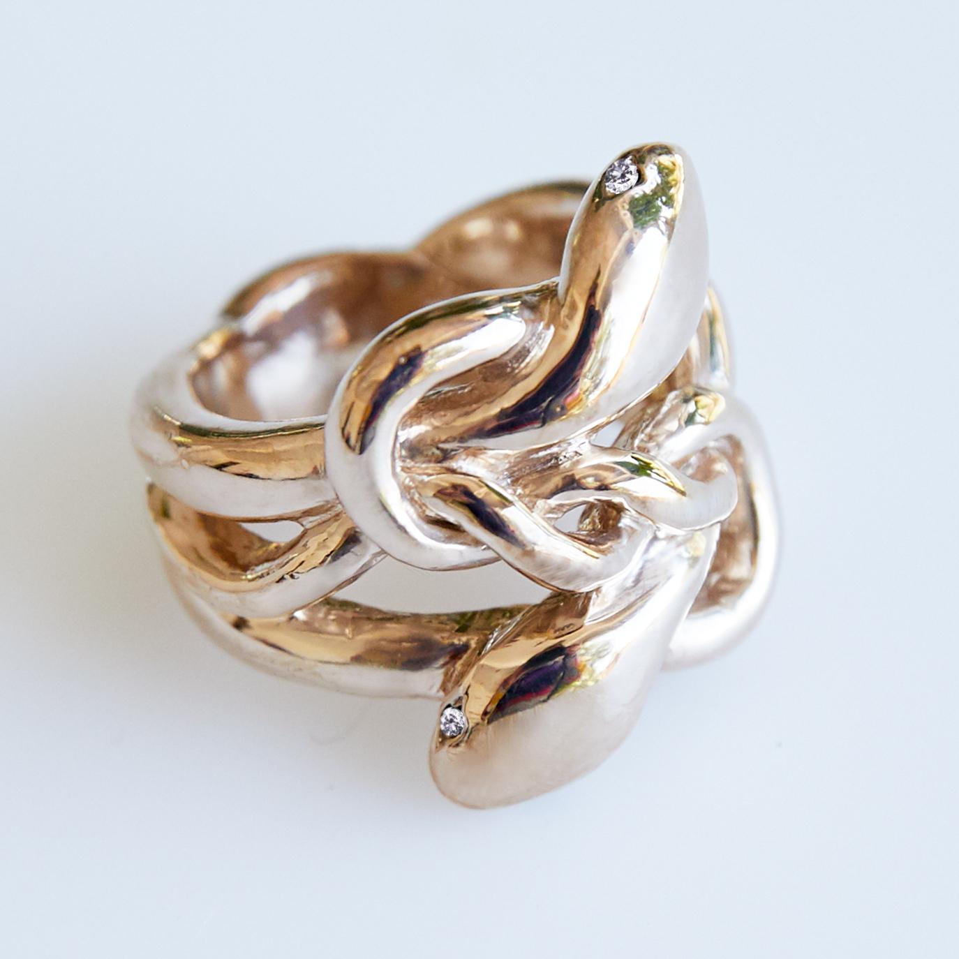 Brilliant Cut White Diamond Gold Snake Ring Victorian Style Cocktail Ring J Dauphin For Sale