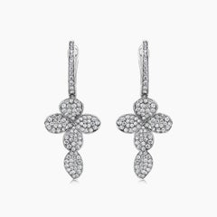 White Diamond 18K White Gold Cross Petals Nature Drop Earrings