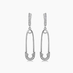 White Diamond 18K White Gold Safety Pin Earrings