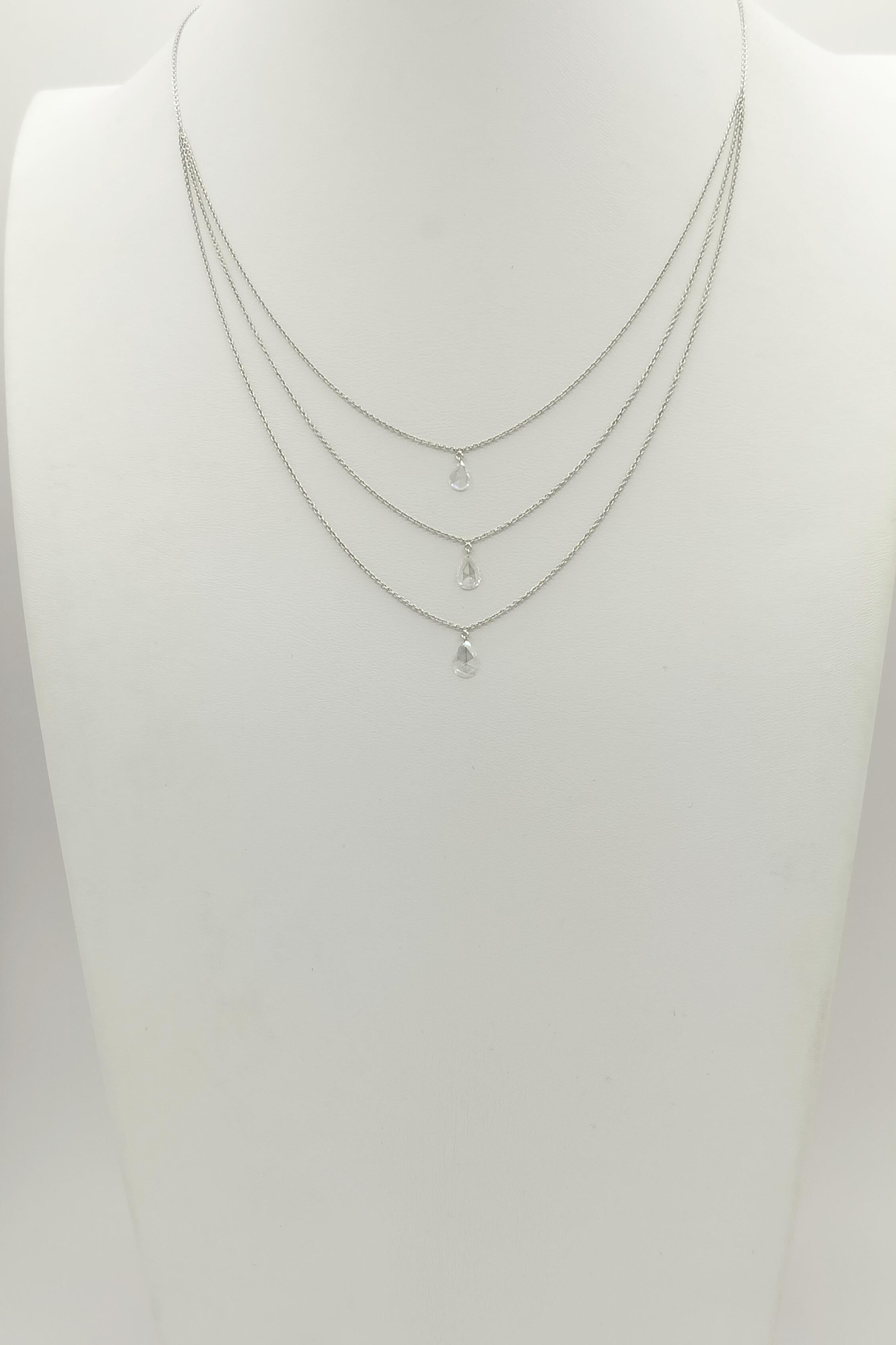 White Diamond 3 Layer Rose Cut Diamond Necklace in 18K White Gold In New Condition In Los Angeles, CA