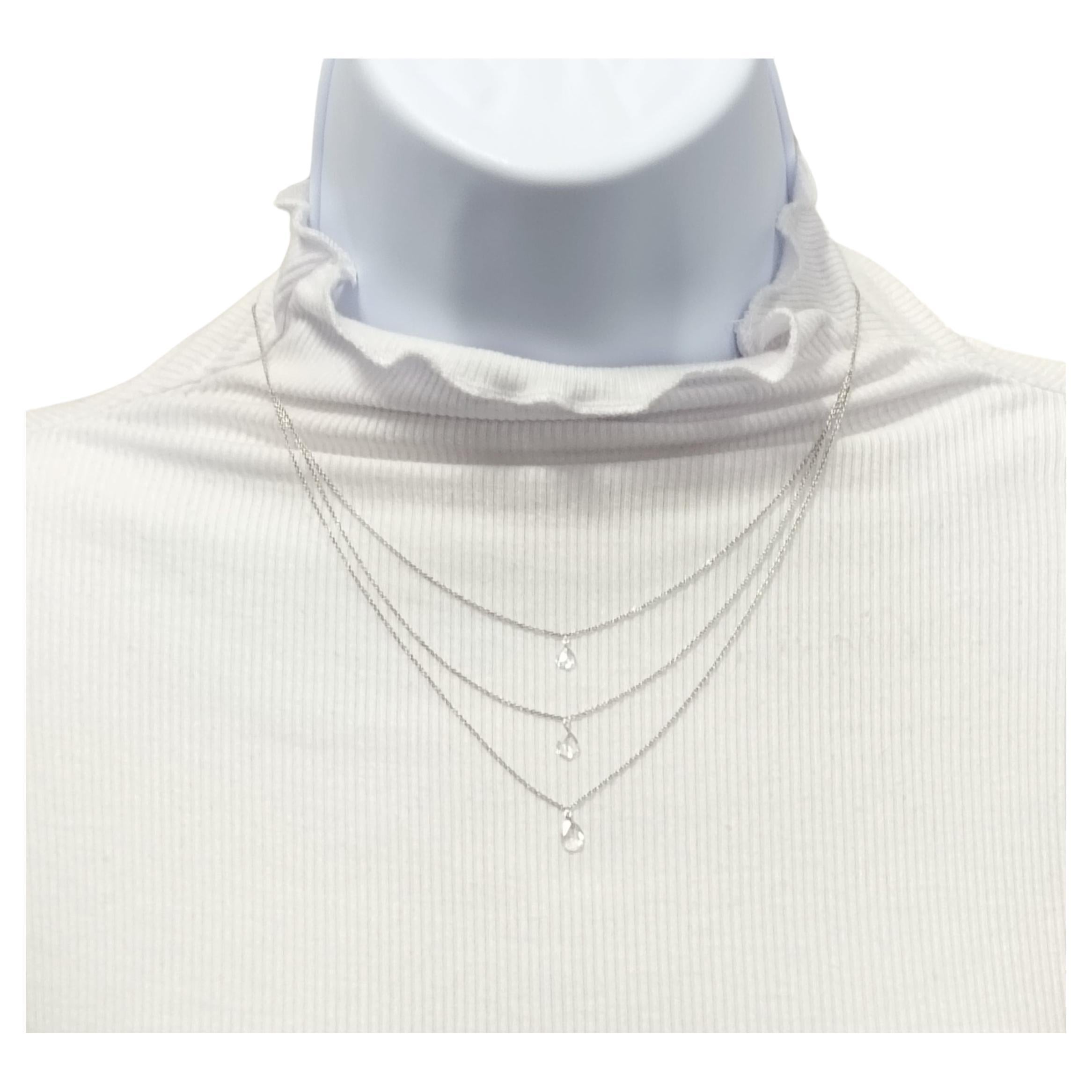 White Diamond 3 Layer Rose Cut Diamond Necklace in 18K White Gold For Sale