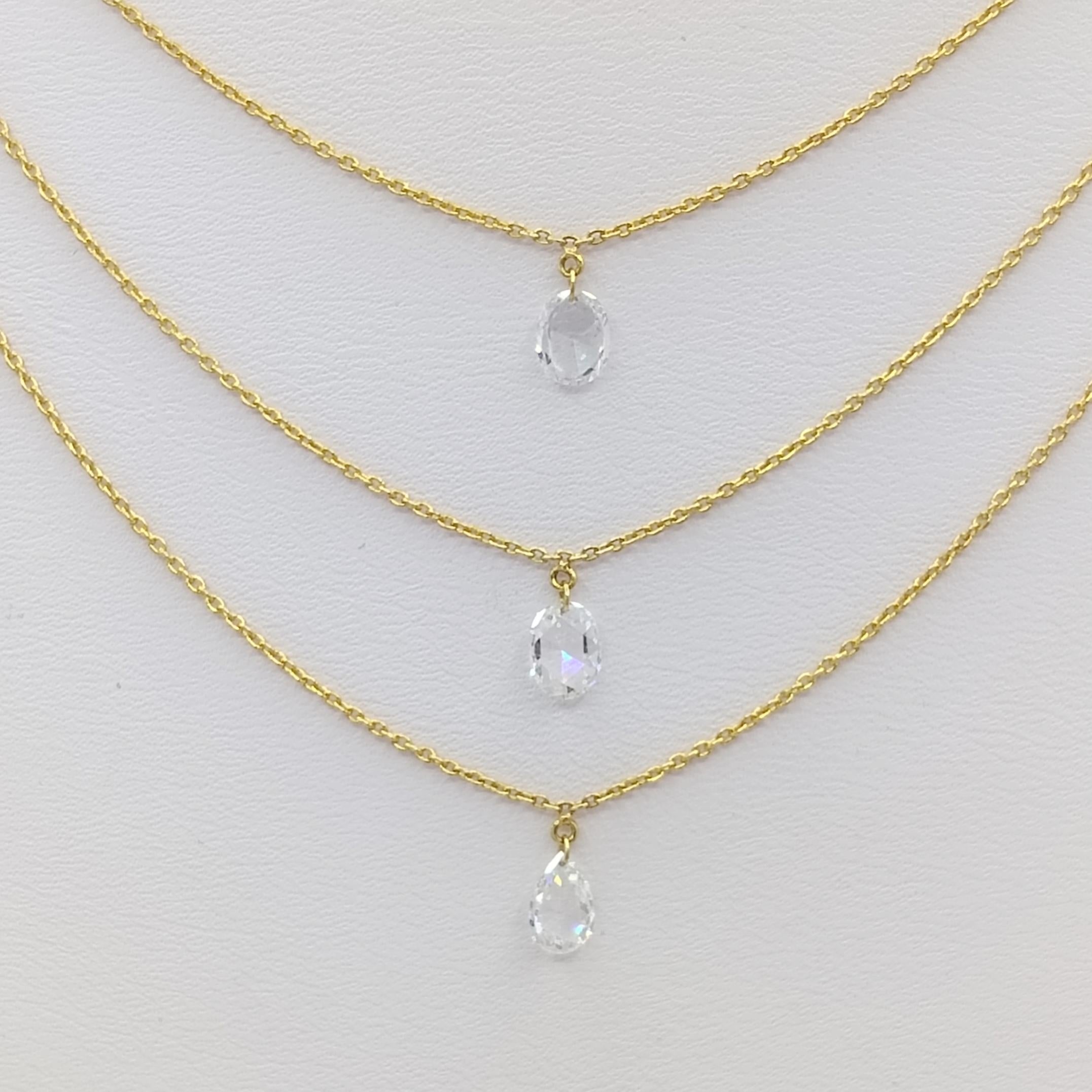 Women's or Men's White Diamond 3 Layer Rose Cut Diamond Necklace in 18K Yellow Gold For Sale