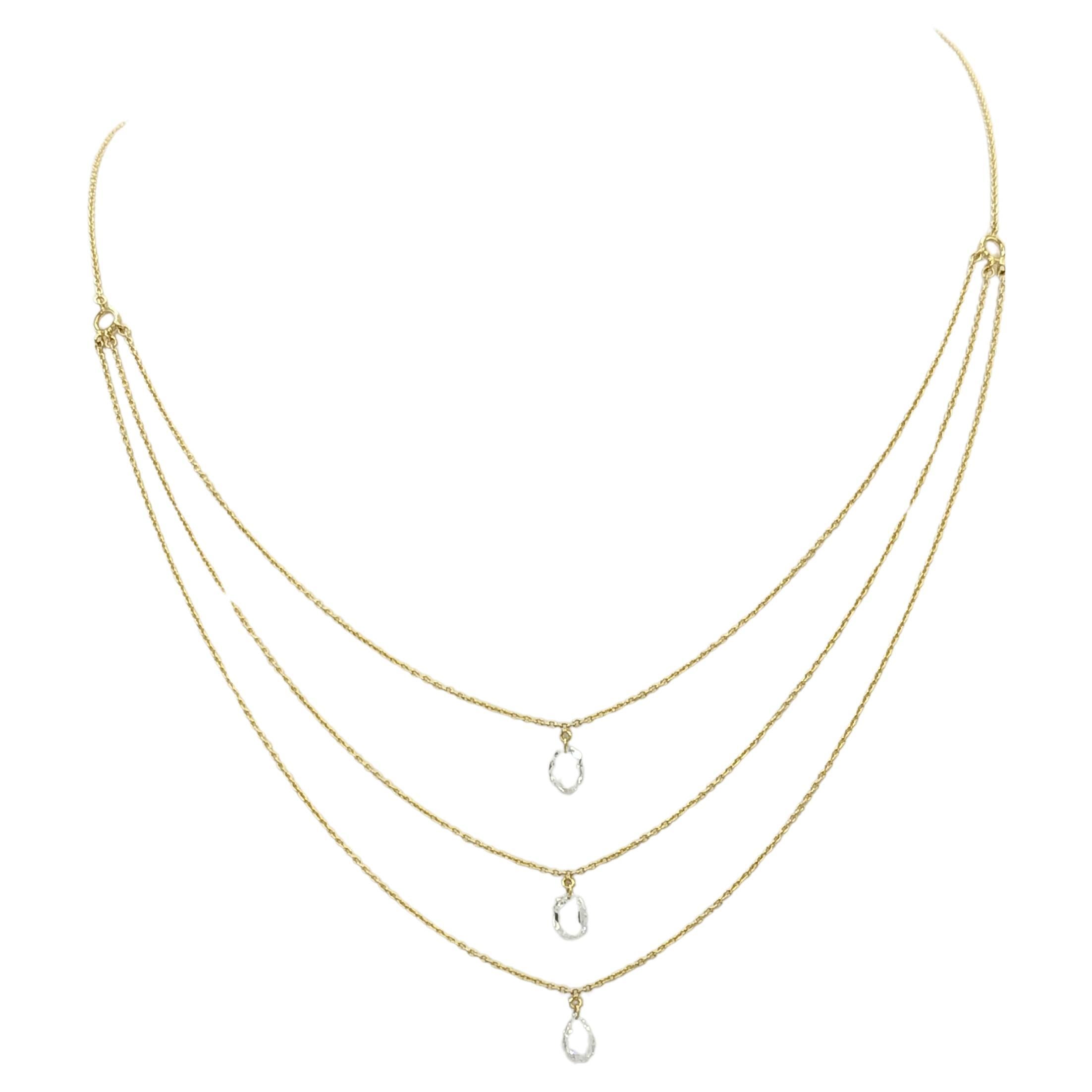 White Diamond 3 Layer Rose Cut Diamond Necklace in 18K Yellow Gold