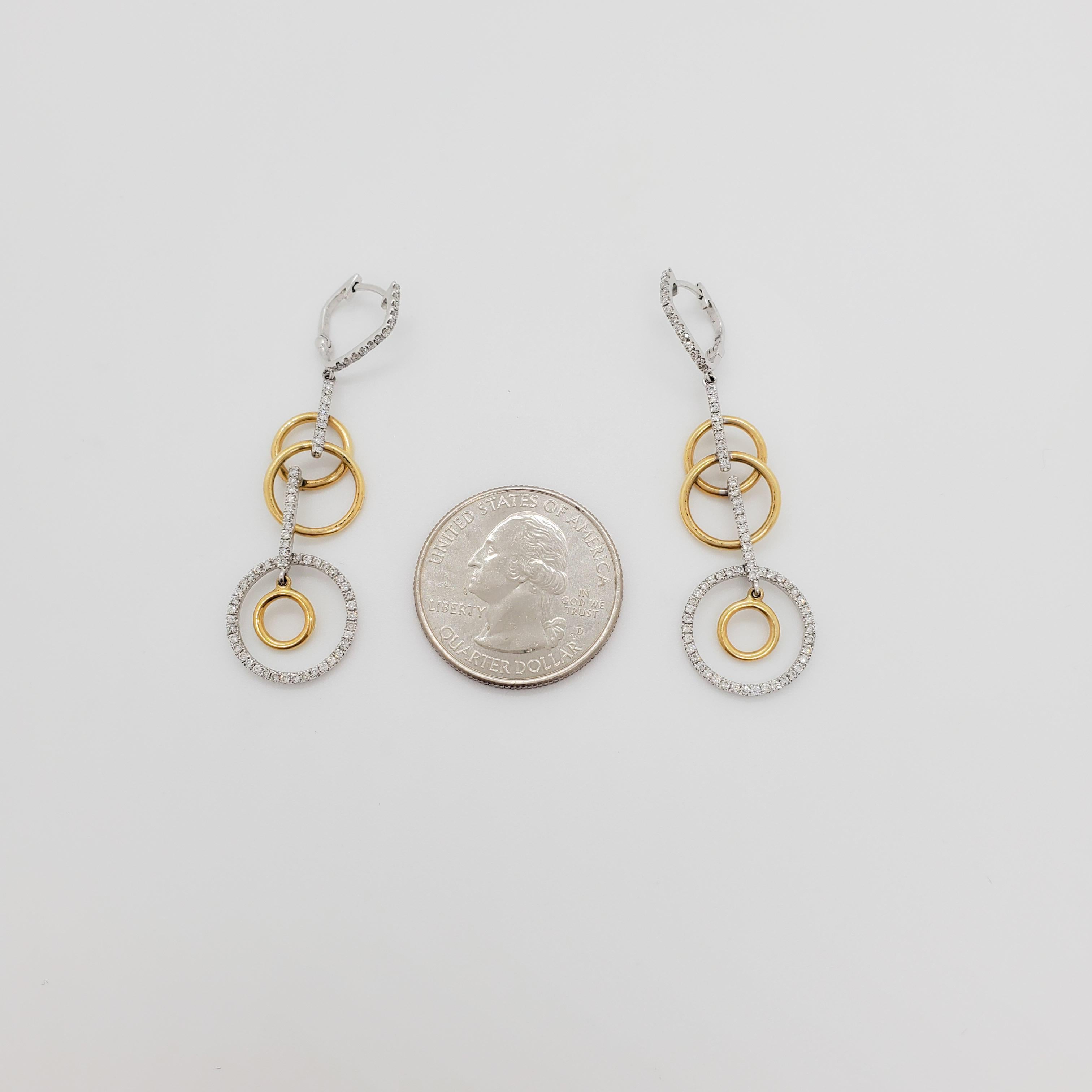 Women's or Men's White Diamond and 14k Gold Circle Dangle Earrings For Sale