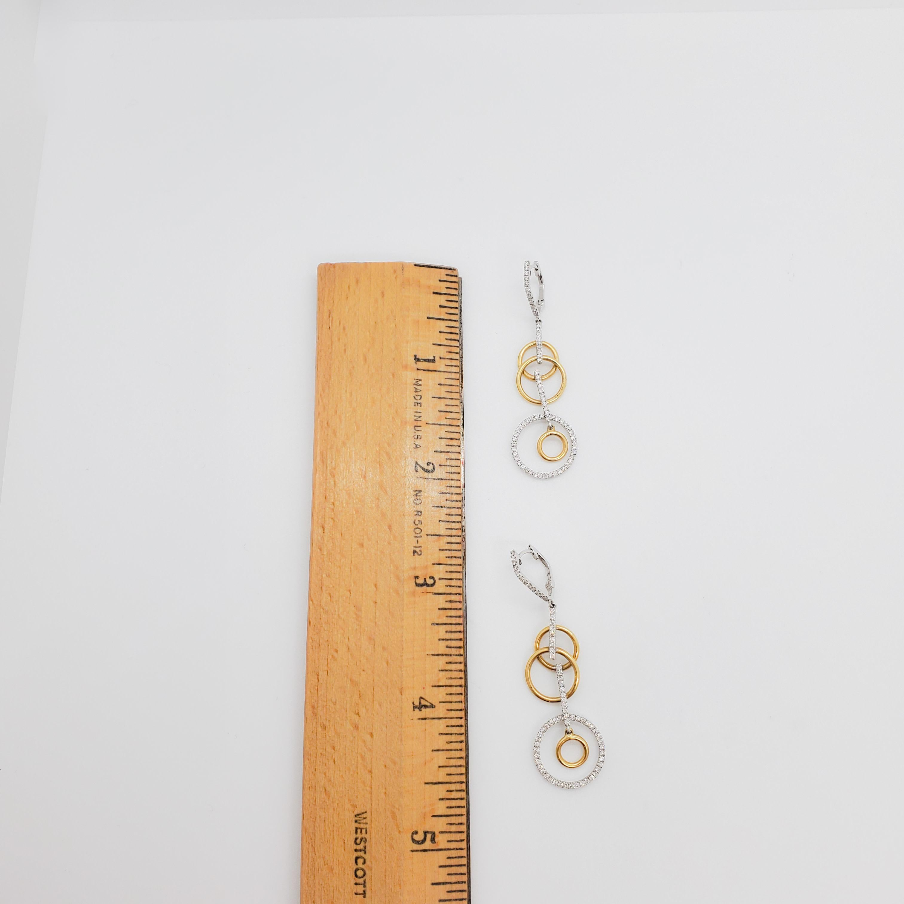 White Diamond and 14k Gold Circle Dangle Earrings For Sale 1