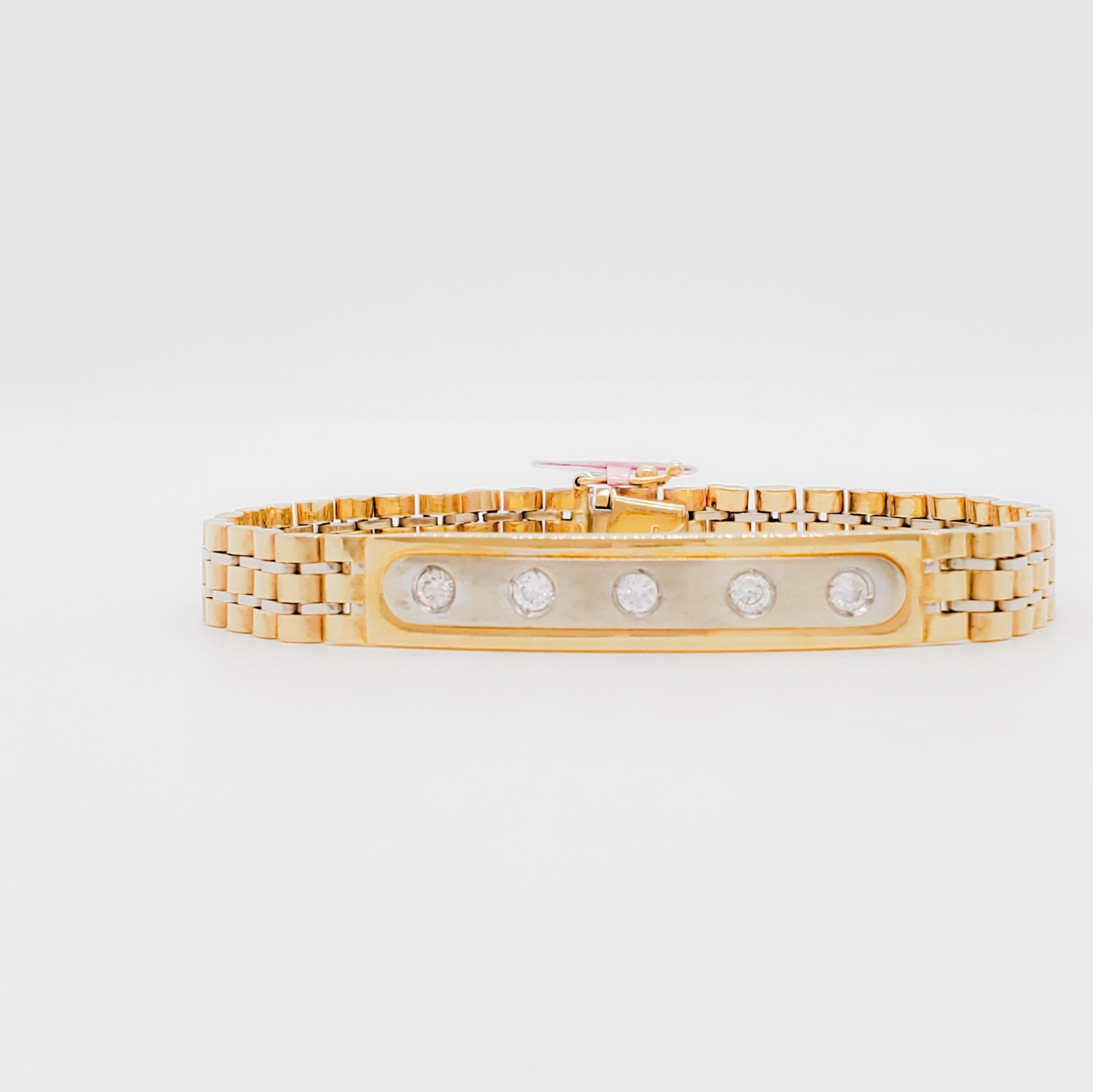 Beautiful bracelet with 0.60 ct. white diamond rounds (5 stones) handmade in 14k white and yellow gold.  