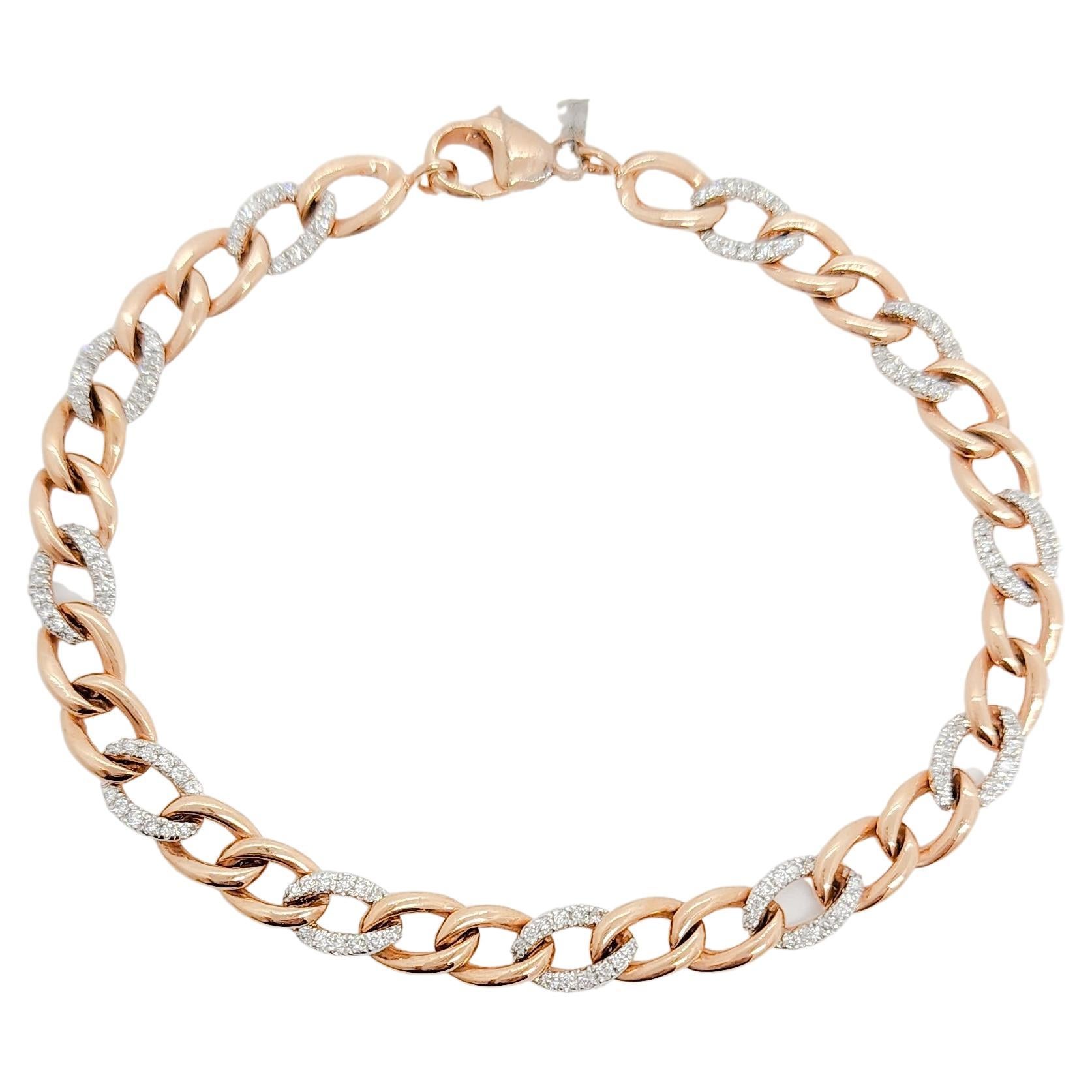 White Diamond and 14k Rose Gold Cuban Link Chain Bracelet