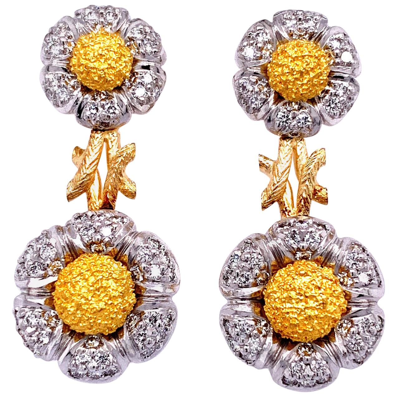White Diamond and 18 Karat Gold "Flower" Dangle Earrings