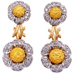 Retro White Diamond and 18 Karat Gold "Flower" Dangle Earrings