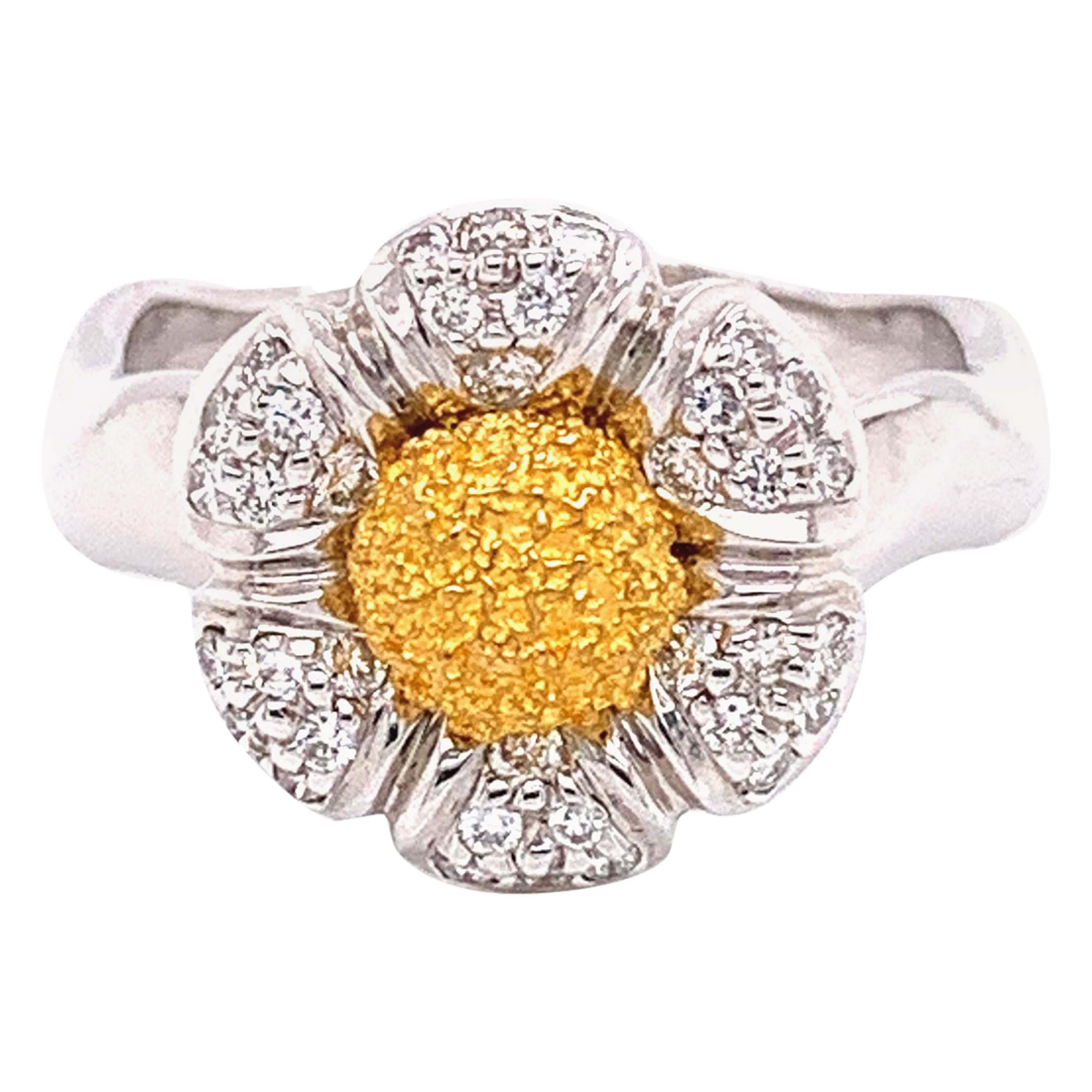 Diamond and 18 K Yellow Gold and White Platinum  "Flower" Engagement Ring For Sale
